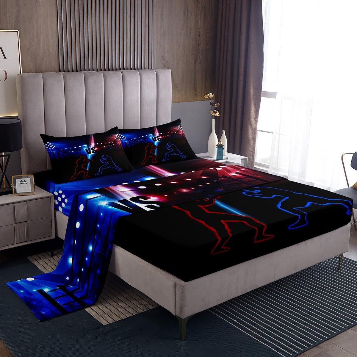 Manfei Wrestler Wrestling Sheet Set Full Size, Young Men Sports Theme Bed Sheet Set 4pcs with Deep Pocket Fitted Sheet + Flat Sheet + 2 Pillowcases, Blue and Red Bedding Set for Kids Teens Room Decor