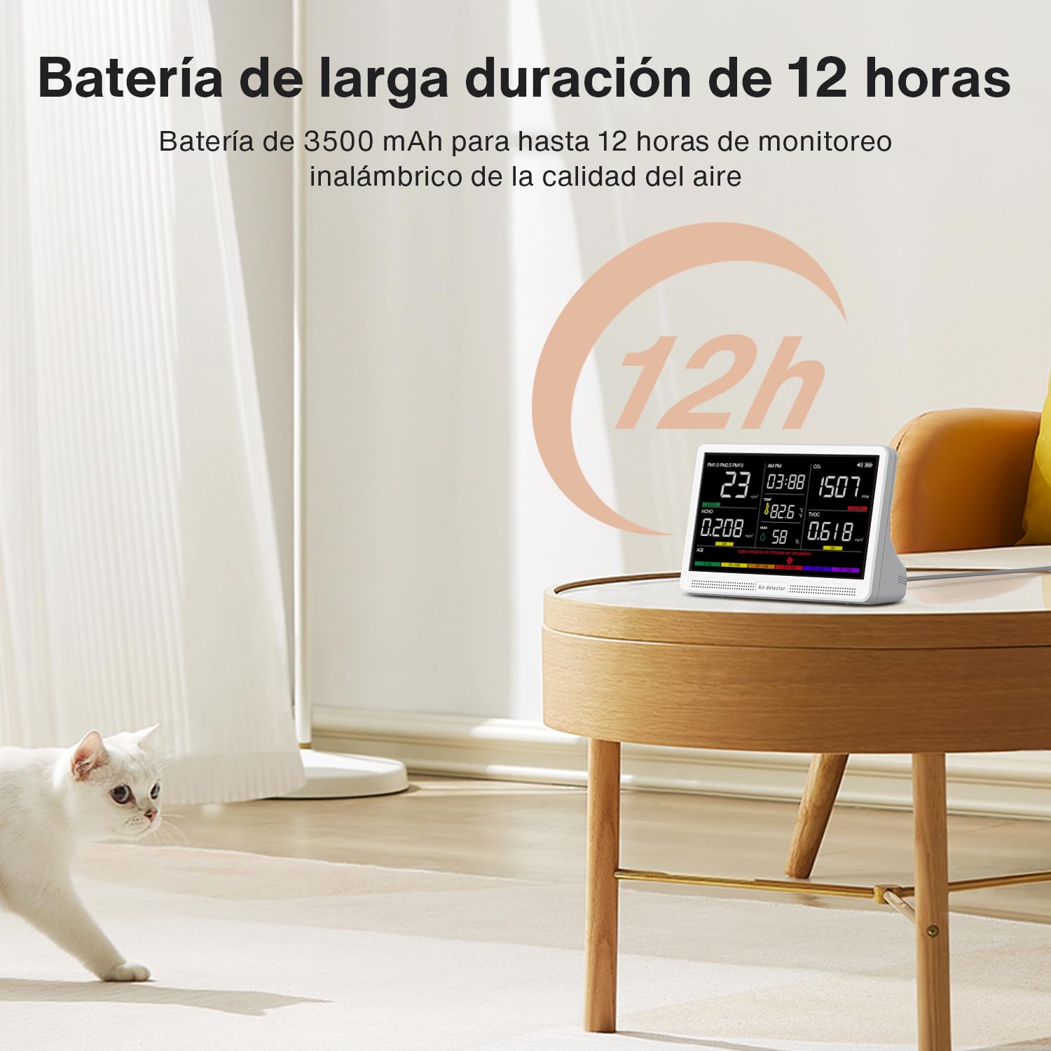 Moniteur de qualité d'air intérieur 16 en 1 avec écran 7", autonomie améliorée de 12 heures. Compteur professionnel pour CO₂, COV, PM2.5, PM1.0, PM10, HCHO, température, humidité, AQI et heure