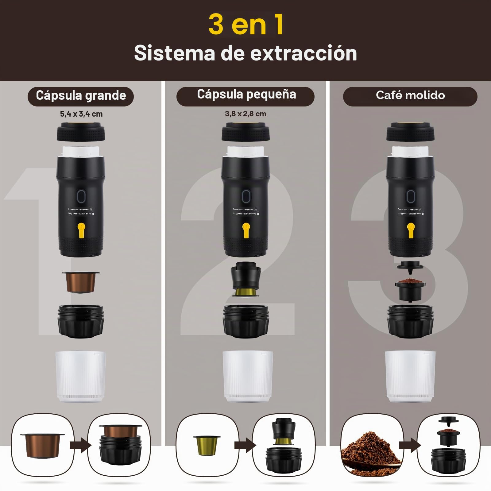 Máquina de café espresso portátil, 20 bares, 3 en 1, autocalentada, compatible con café molido y cápsulas, para senderismo, oficina y autocaravana