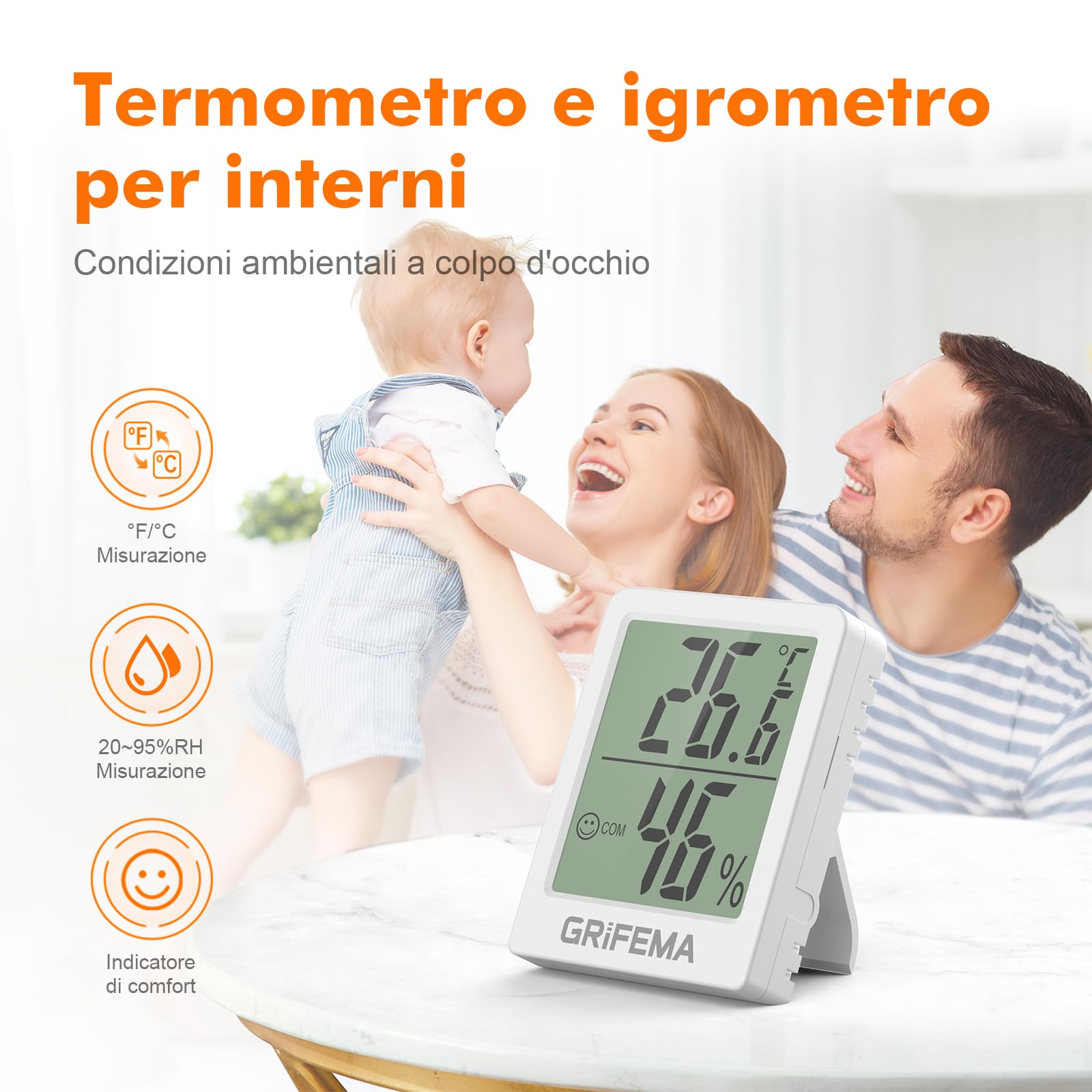 GRIFEMA GA2902 Mini Termometro Digitale Interno Igrometro, Misuratore di Umidità, Bianco