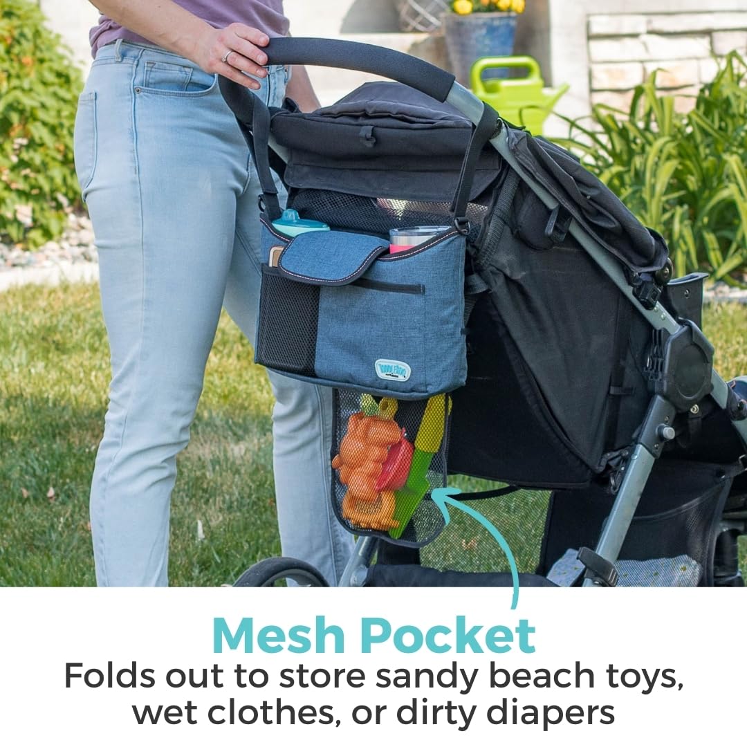 Toddleroo by North States Kinderwagen-Organizer: Universal-Kinderwagen-Caddy mit Getränkehalter, verstellbare Aufbewahrung, Marineblau