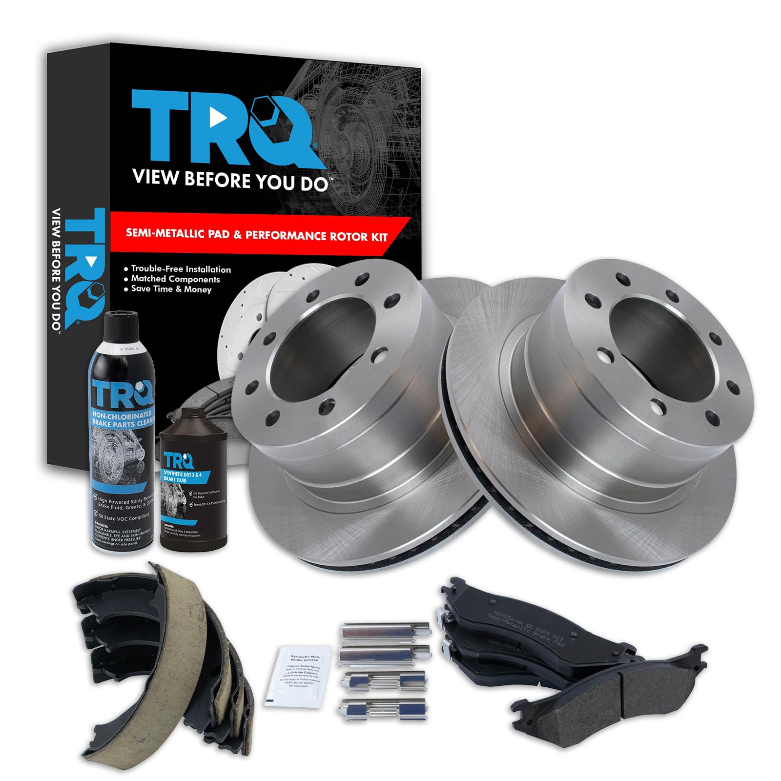 TRQ Rear Brake Pad &amp; Rotor Kit, with Chemical Kit Parking Brake Shoe Set Semi-Metallic Compatible with 2003-2005 Dodge Ram 2500 Ram 3500