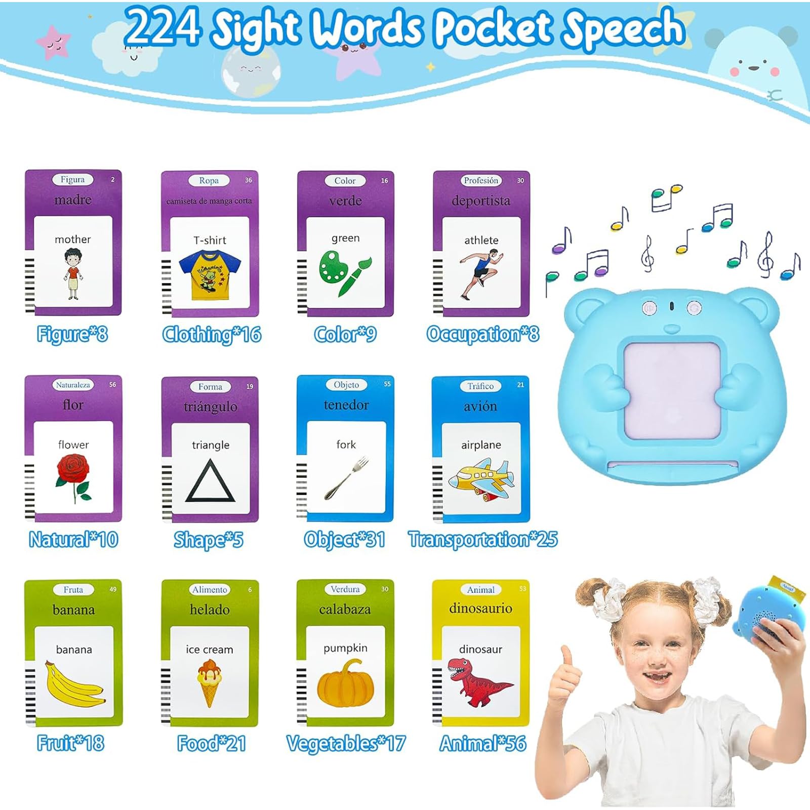 Toddler Toys Flash Cards Spanish - 224 Sight Words Pocket Speech Therapy Toys - Bilingual Talking Flash Cards - Autism Sensory Toys for Autistic Children - Learning Montessori Tool Blue