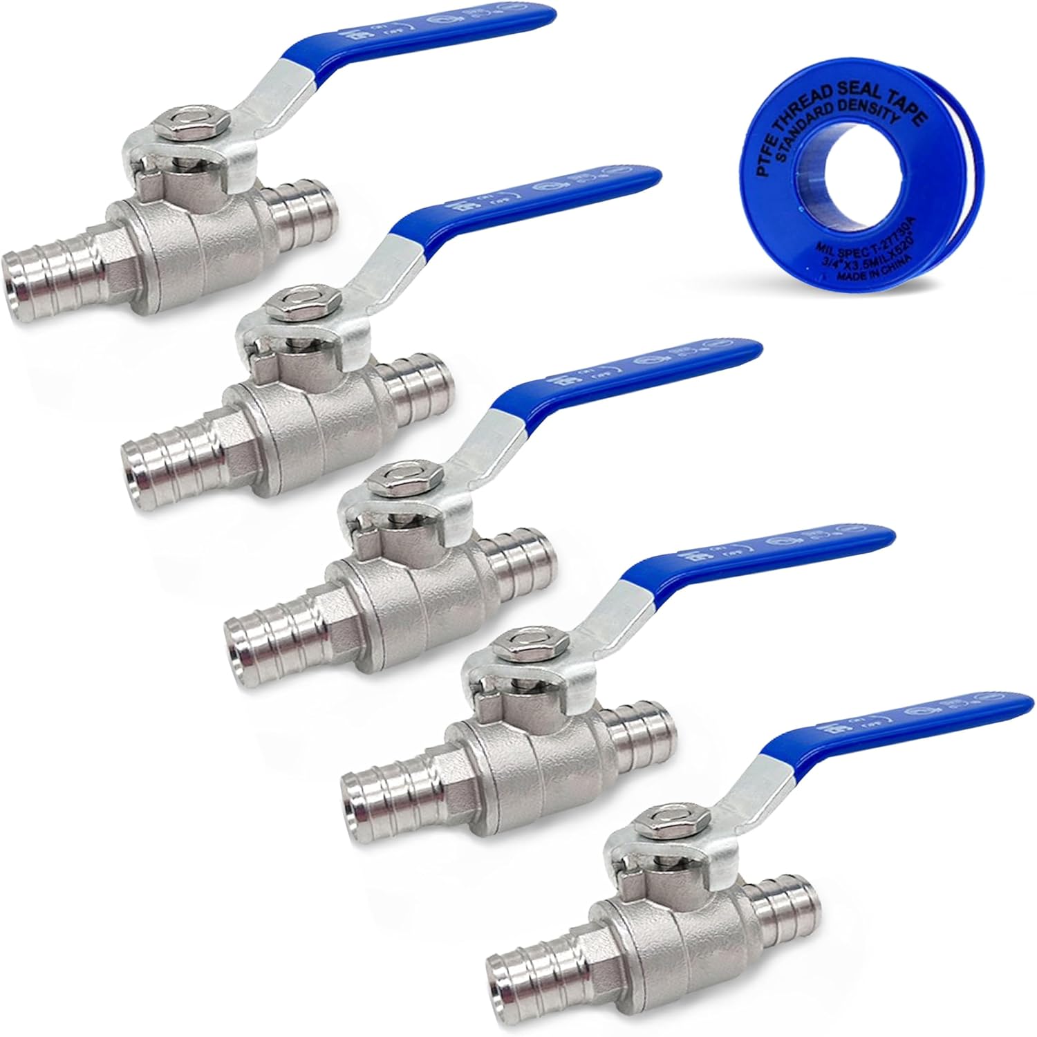 CMI Inc - 1/2" PEX Ball Valve – 304 Stainless Steel Full Port Inline Shutoff for Hot & Cold Water, Threaded & Compression Fittings, Crimping Tool Compatible, Plumbing System Manifold Adapter - 5 Pack