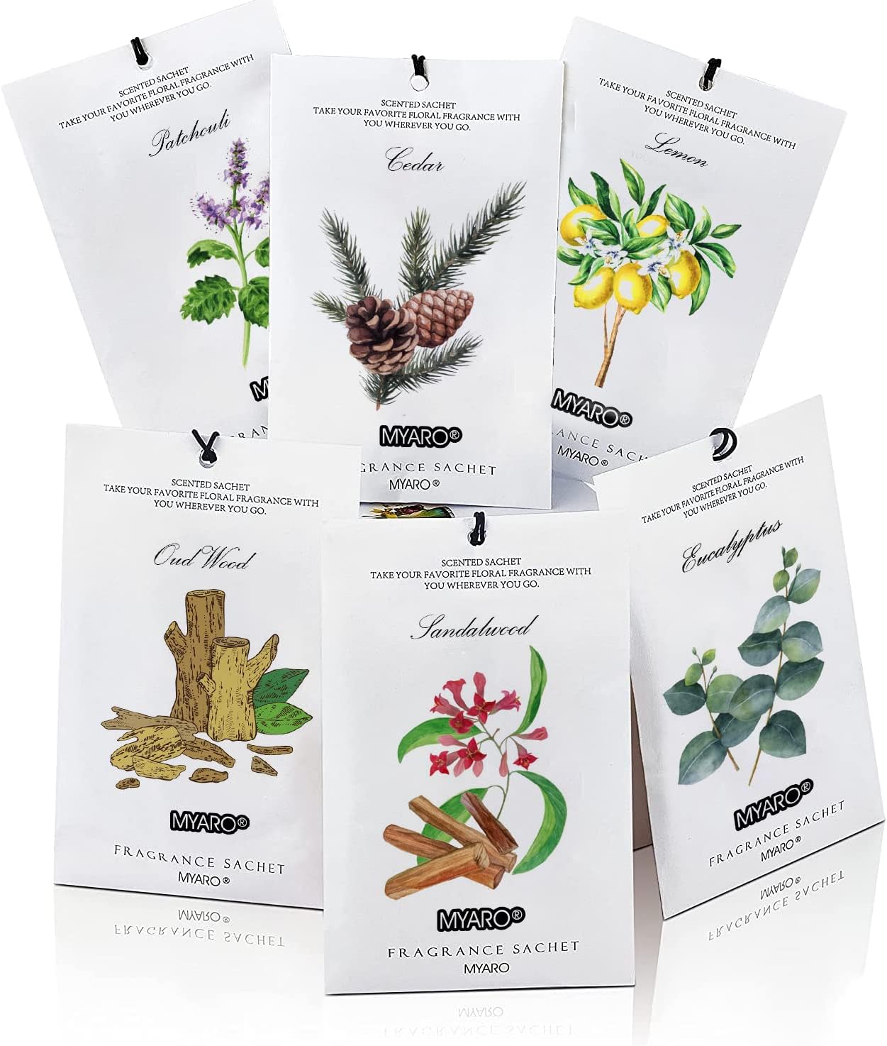 MYARO 12 Pcs Scented Sachets for Drawer and Closet, Long-Lasting Air Freshener Sachets Bag, Closet Deodorizer Potpourri Bags, 6 Fresh Scents - Cedar, Sandalwood, Lemon, Eucalyptus, Patchouli, Oud Wood