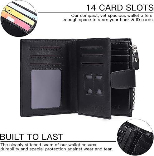 Miniatura 2 de FALAN MULE Cartera pequeña para mujer, de piel auténtica, plegable, compacta, con bloqueo RFID, pequeña cartera para mujer, Aa-negro., Classic