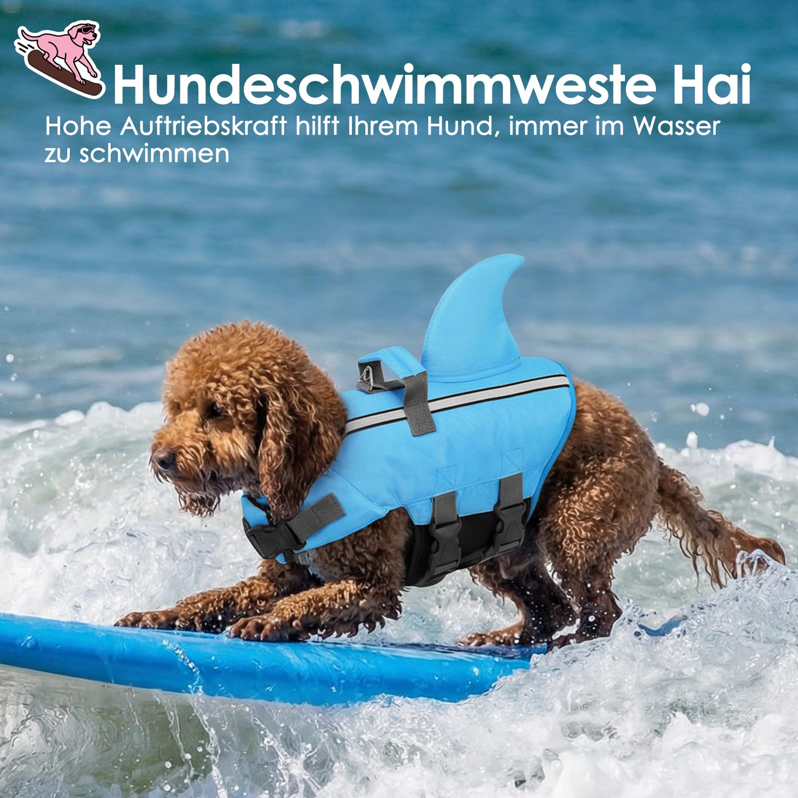 AOFITEE Hundeschwimmweste Hai Klein, Verstellbar Schwimmweste Hund Haiflosse mit Rettungsgriff, Reflektierende Hunde Schwimmweste Hohe Flotation Schwimmweste Rettungsweste für Kleine Hunde, Blau, S