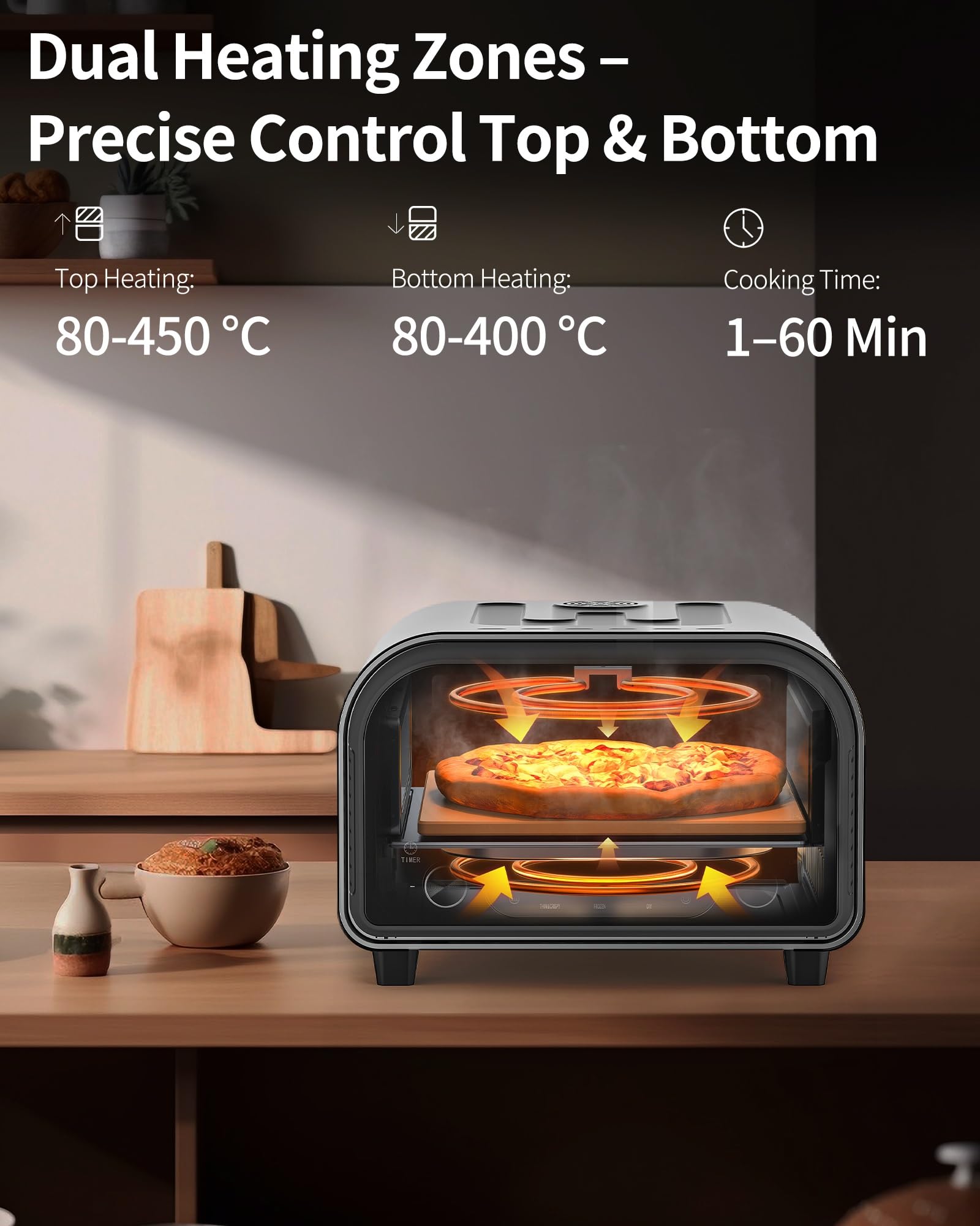 Elektrischer Pizzaofen - bis 450℃, 5 voreingestellte Pizzaarten, 1-60 Min Timer, Touchscreen & Drehregler, Edelstahlgehäuse, für 32cm Pizza, inkl. Pizzastein, Pizzaschieber, Rezeptbuch, Schwarz