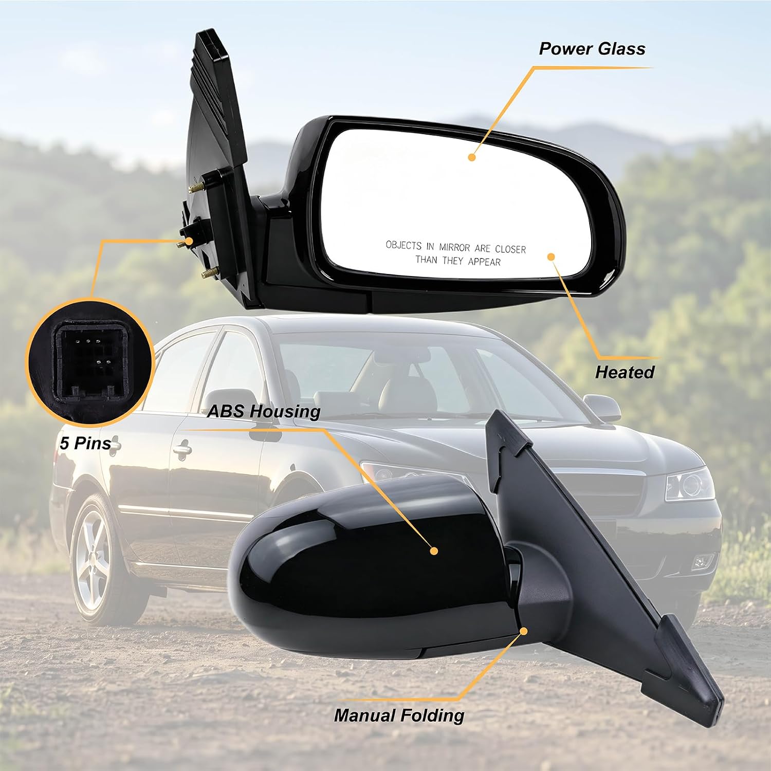 Right Passenger Side Mirror Compatible with 2006 2007 2008 2009 2010 Hyundai Sonata With Power Glass Manual folding Heated Black Replace#87620-0A000(5Pins) image 2