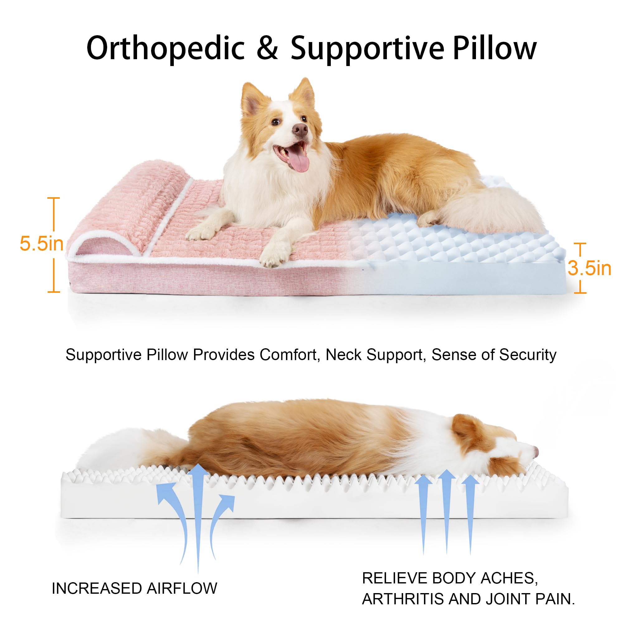 Cama ortopédica para perros grandes, cesta para perros con cojín XL, mullida, resistente al agua y antideslizante, lavable a máquina, 122 x 76 cm, rosa