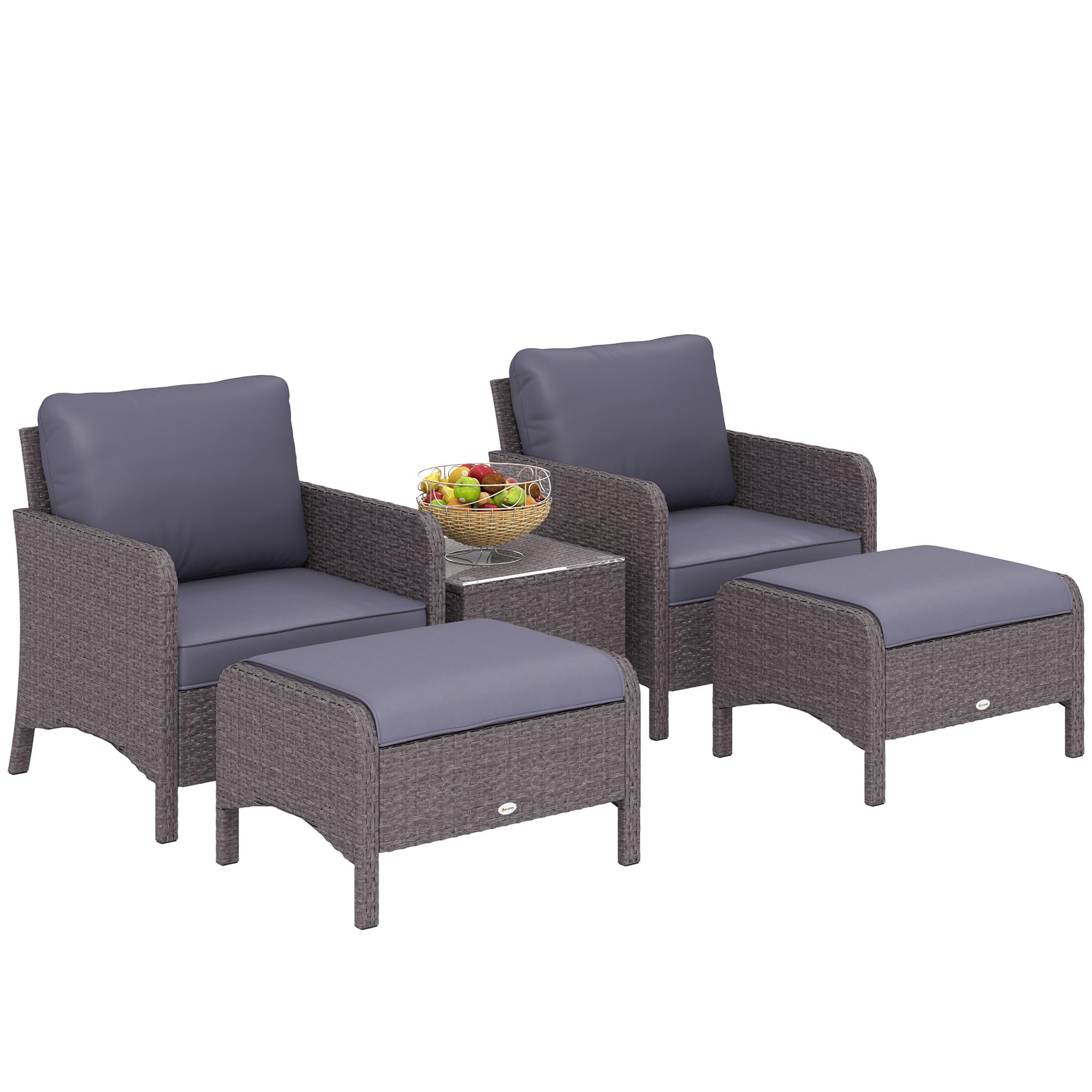 Outsunny Set Mobili da Giardino 2 Poltrone 2 Poggiapiedi 1 Tavolino in Vetro Temperato Rattan Grigio
