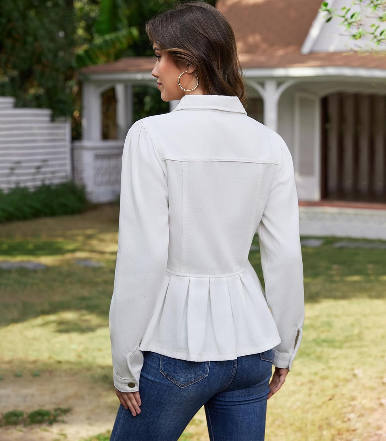 MISS MOLY Women's Denim Jacket Puff Sleeve Button Down Ruffle Hem Jean Jacket Coat