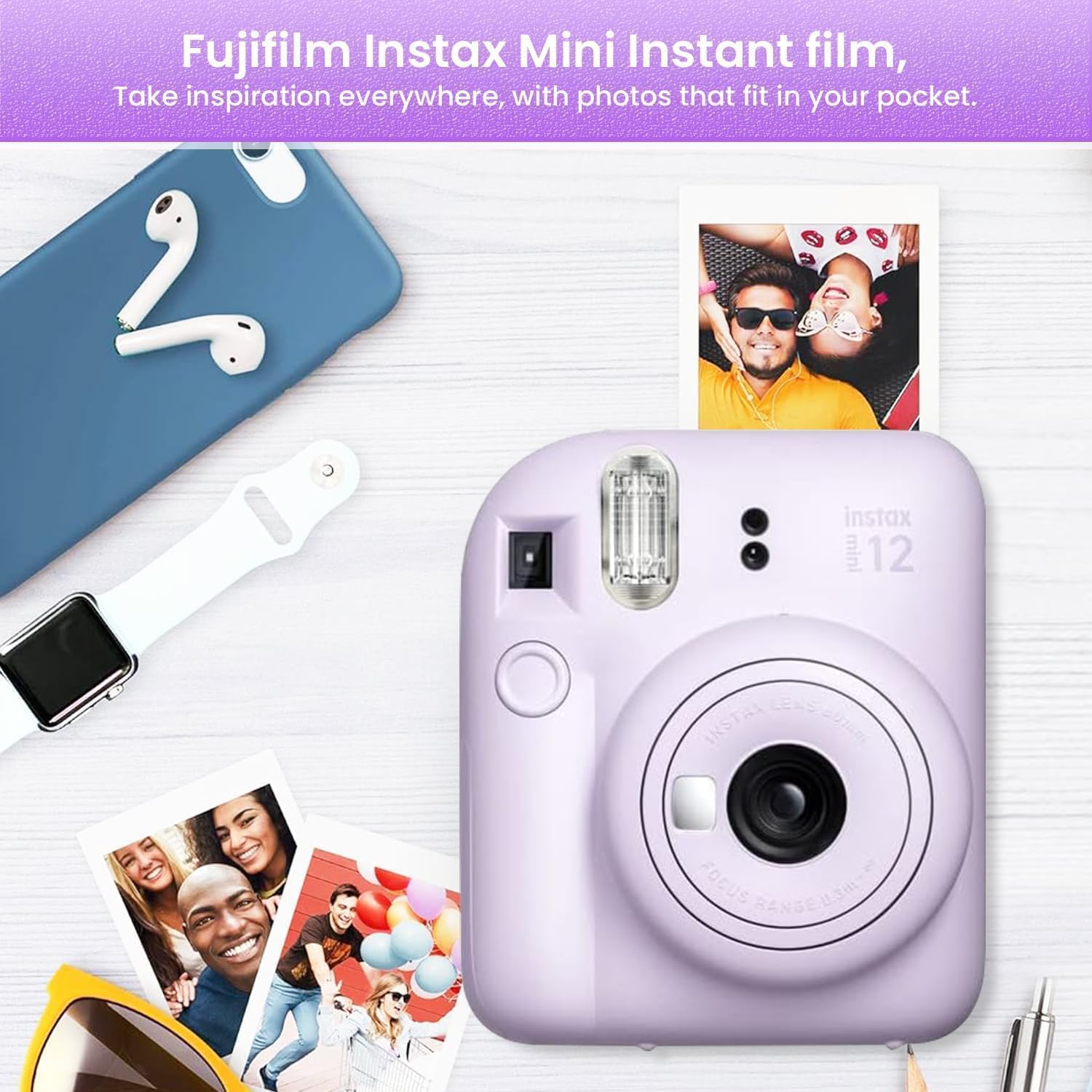 Fujifilm Instant Mini Camera + Accessory Bundle & Compatible Custom Case + Fuji Instant (20 Shots) Designer Mini Photo Album (60 Pockets) (Lilac Purple)