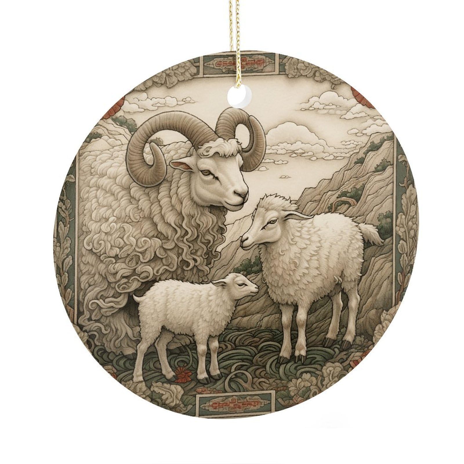 Adfgyerh Style Sheep Pattern Ceramic Circular Pendant,2.9 Inch，Hanging Ornament，Gift Exchange Idea Round Ceramic Ornament,For Mom And Daughter，For Home Indoor Outdoor Decor.