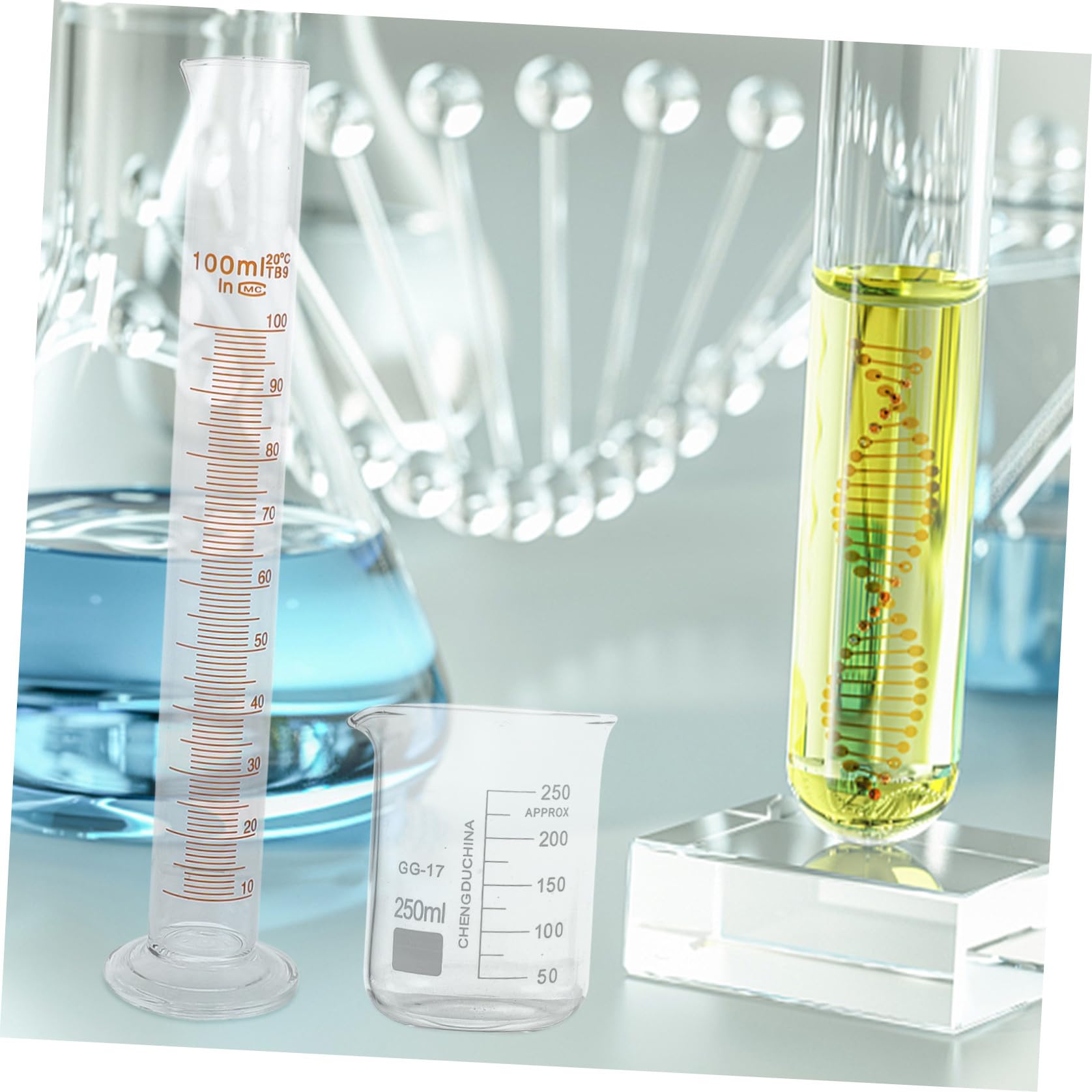 jojofuny Set di 9 Pezzi di Vetro per Laboratorio Becher, Cilindri Graduati e Palloni Resistenza ad Alta Temperatura e Misurazione Accurata per Applicazioni Scientifiche
