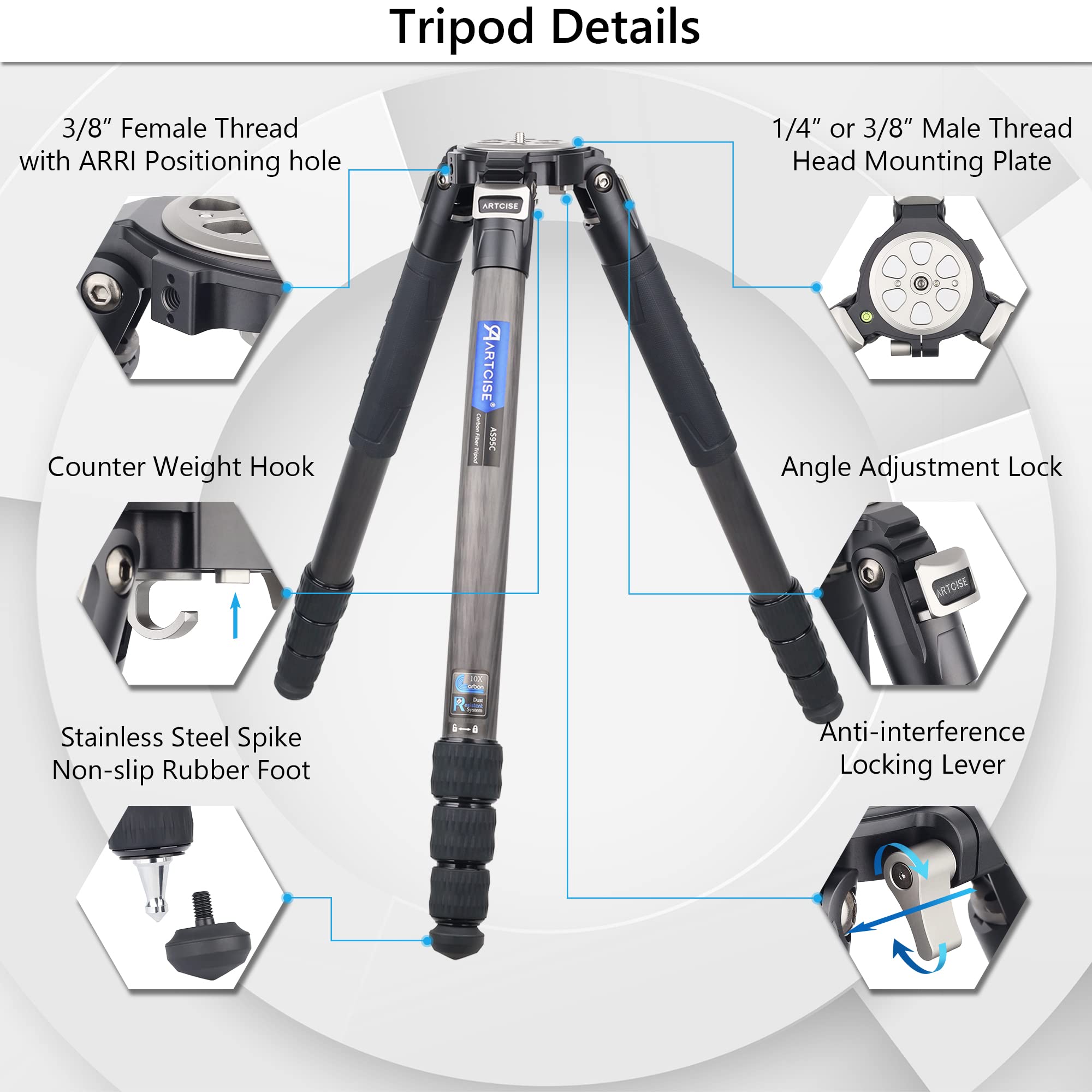 Treppiede per ciotola in fibra di carbonio a 10 strati da 82"/208 cm, treppiede per impieghi gravosi, ciotola da 75 mm e adattatore, tubo per gambe da 40 mm, carico massimo 88 libbre/40 kg (AS95C)