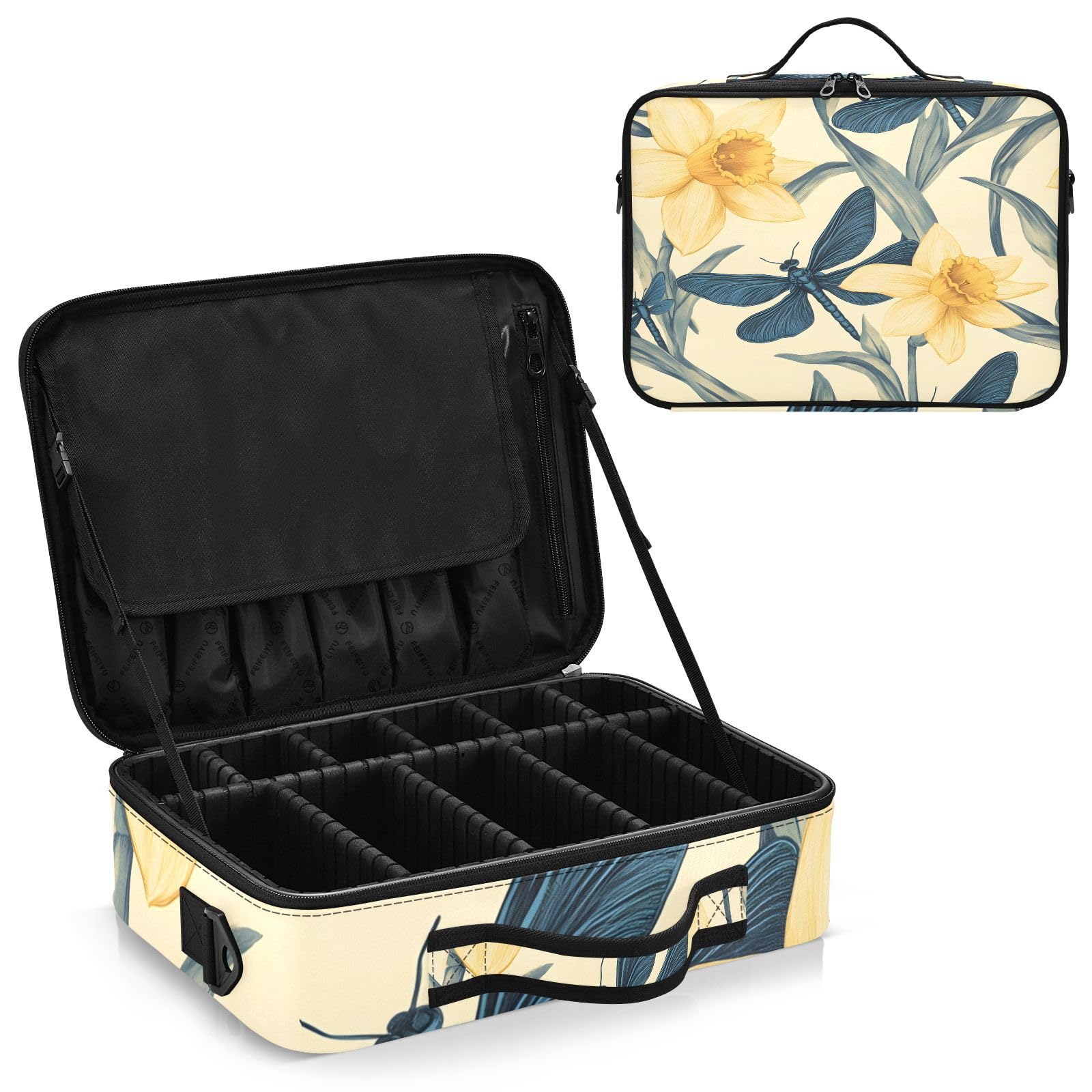 zyrtty Travel Makeup Train Case Narcissus Dragonfly Pattern Yellow Cosmetic Organizer Portable Storage Bag with Adjustable Dividers for Cosmetics Brushes Toiletry Jewelry Digital Accessories