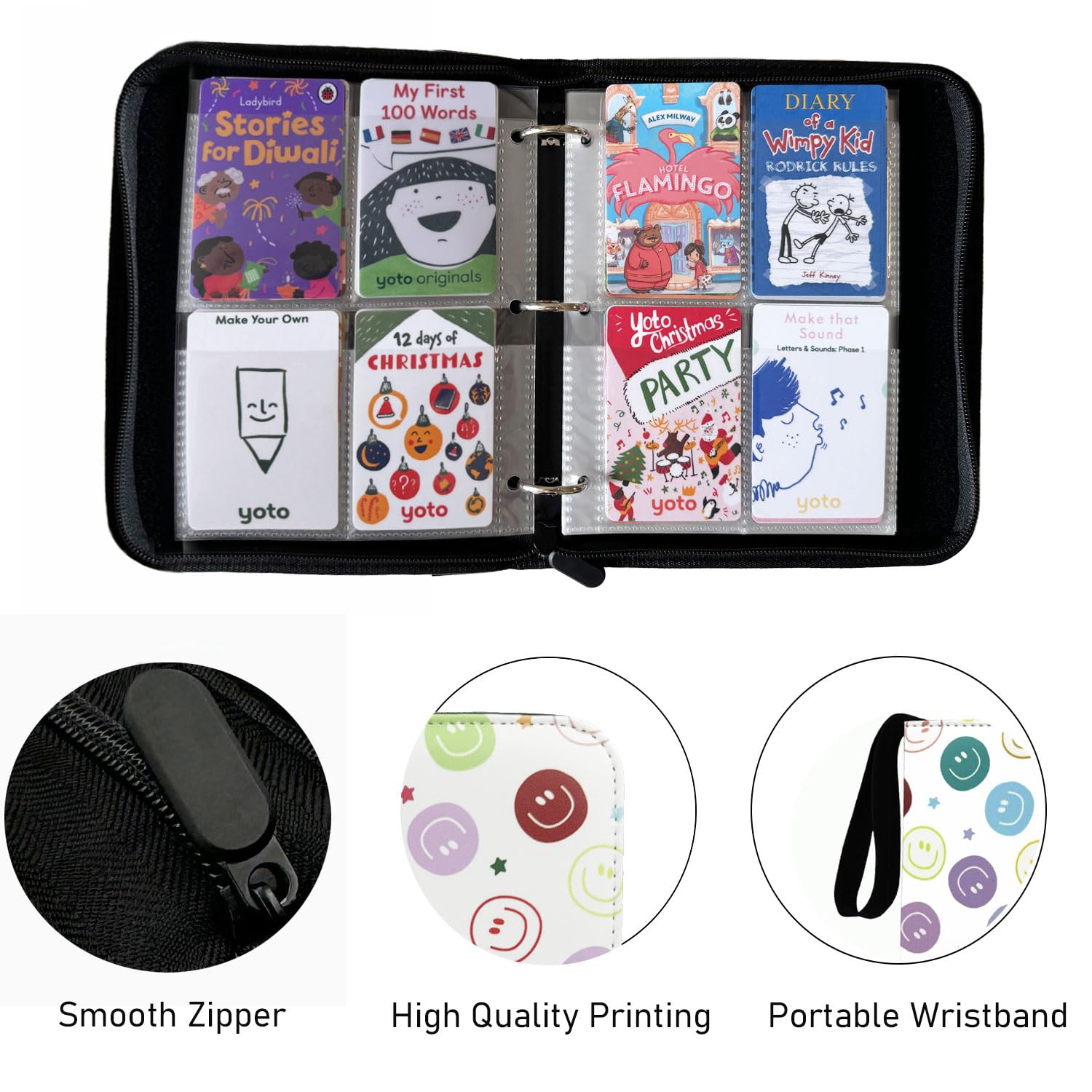 Thisness Card Holder for Yoto Cards 120 Cards Capacity Card Case Organizer with Zipper Card Binder for Yoto Player and Yoto Mini Cards Storage, Smile