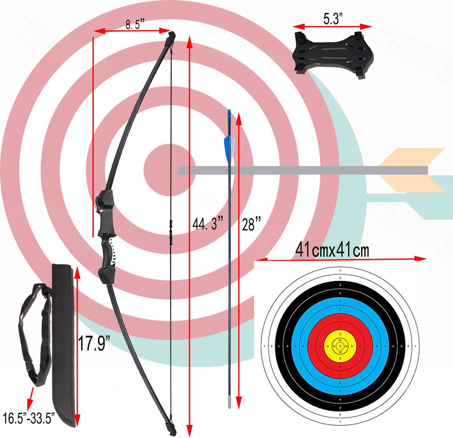 45" youth bow and arrows set for kids 8-12 teens recurve archery beginner gift longbow kit, outdoor hunting play gift, 9 arrows, 4 target face for backyard game age 12-14 14-16 black