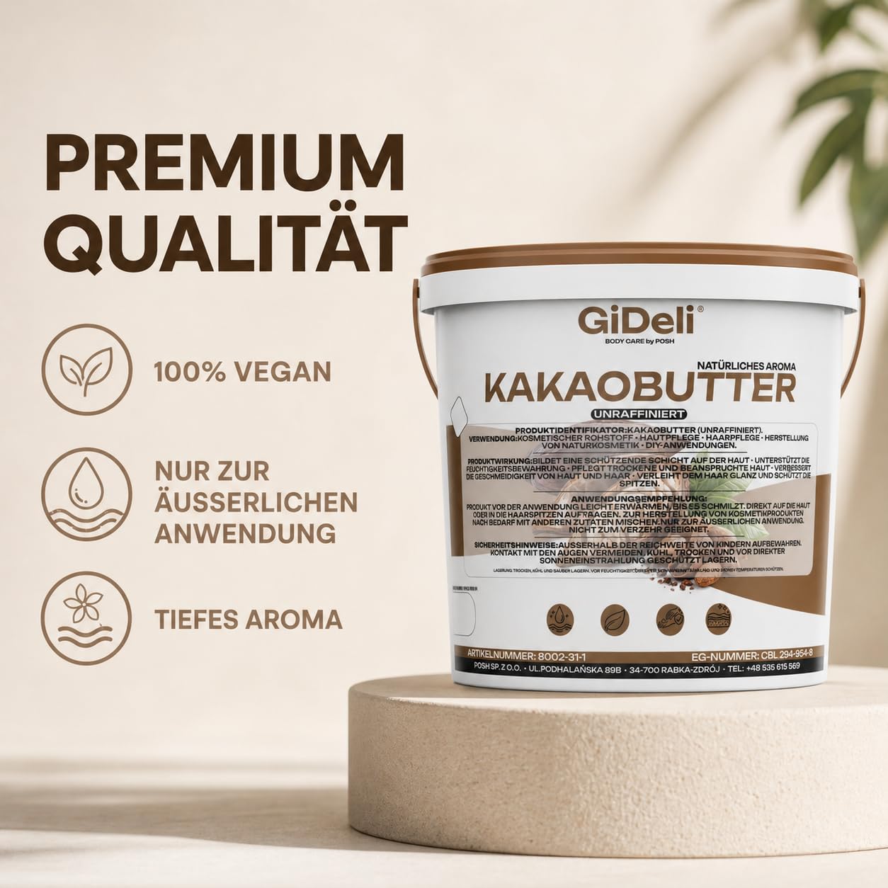 GiDeli Kakaobutter 10kg im Eimer - Das Kakaofett Tiefenwirksam Feuchtigkeitsspendend und Regenerierend - Unraffinierte Butter für Haut und Haarpflege - Das Kakaobohnenfett mit Schutzwirkung
