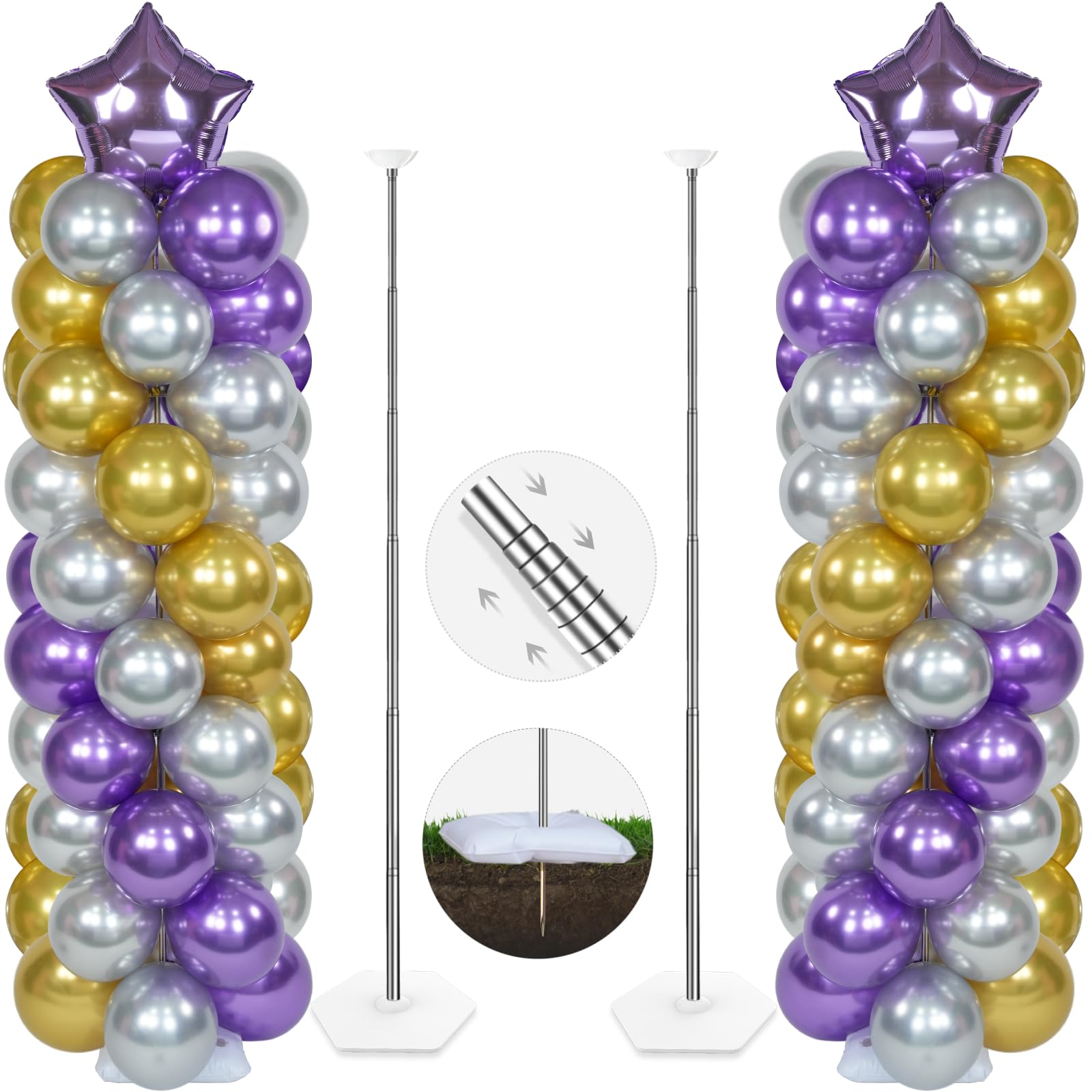 YALLOVE Kit Supporto Colonna Palloncino, Set di 2, Supporto Palloncini Altezza Regolabile 2m, Struttura Metallica Telescopica Riutilizzabile per Feste, Matrimoni, Compleanni (Palloncini Non Inclusi)