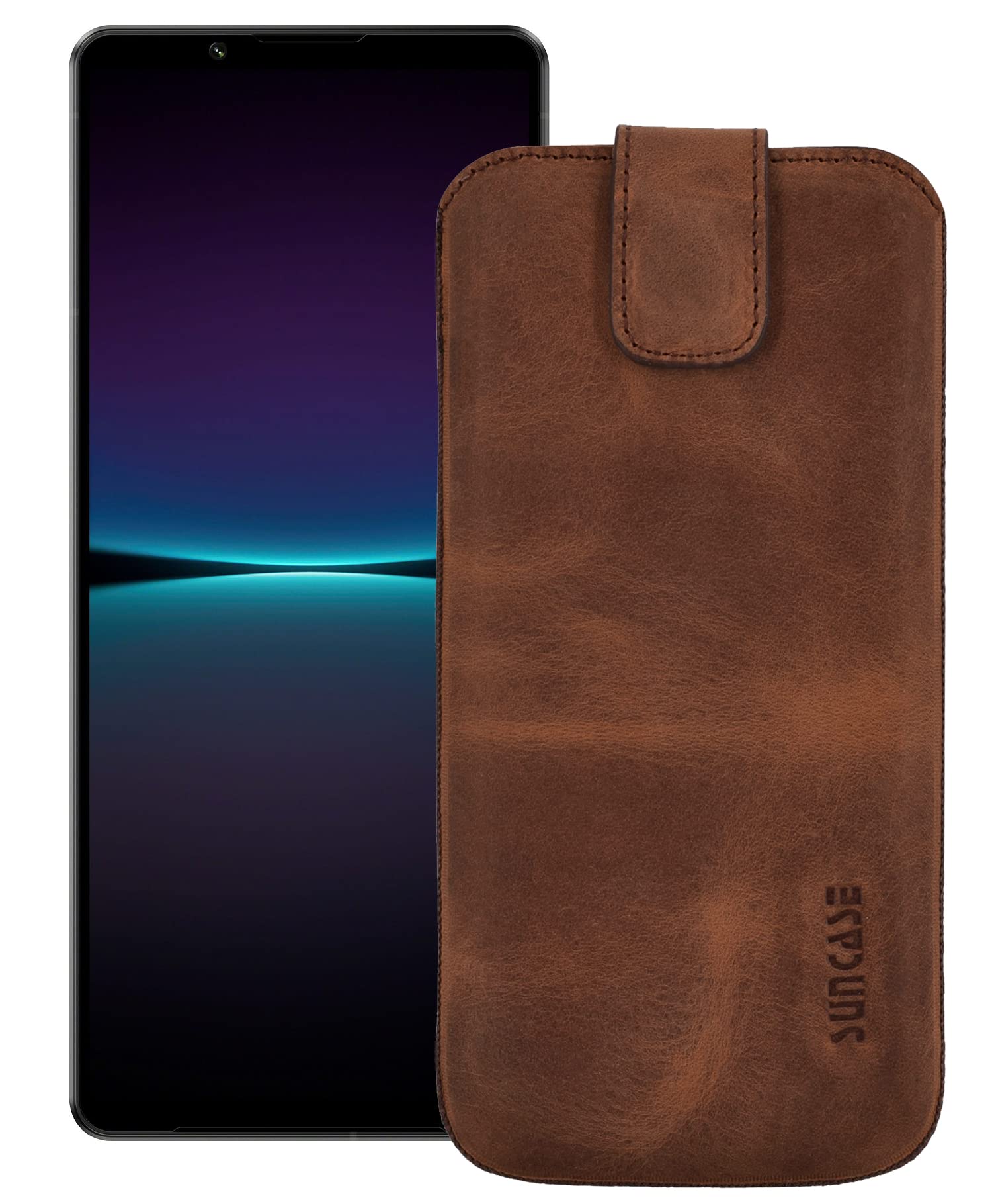 Slim Edition Genuine Leather Case Compatible with Sony Xperia 1 II 2 (2020) with Pull-Up Strap and Magnetic Closure in Antique Coffee