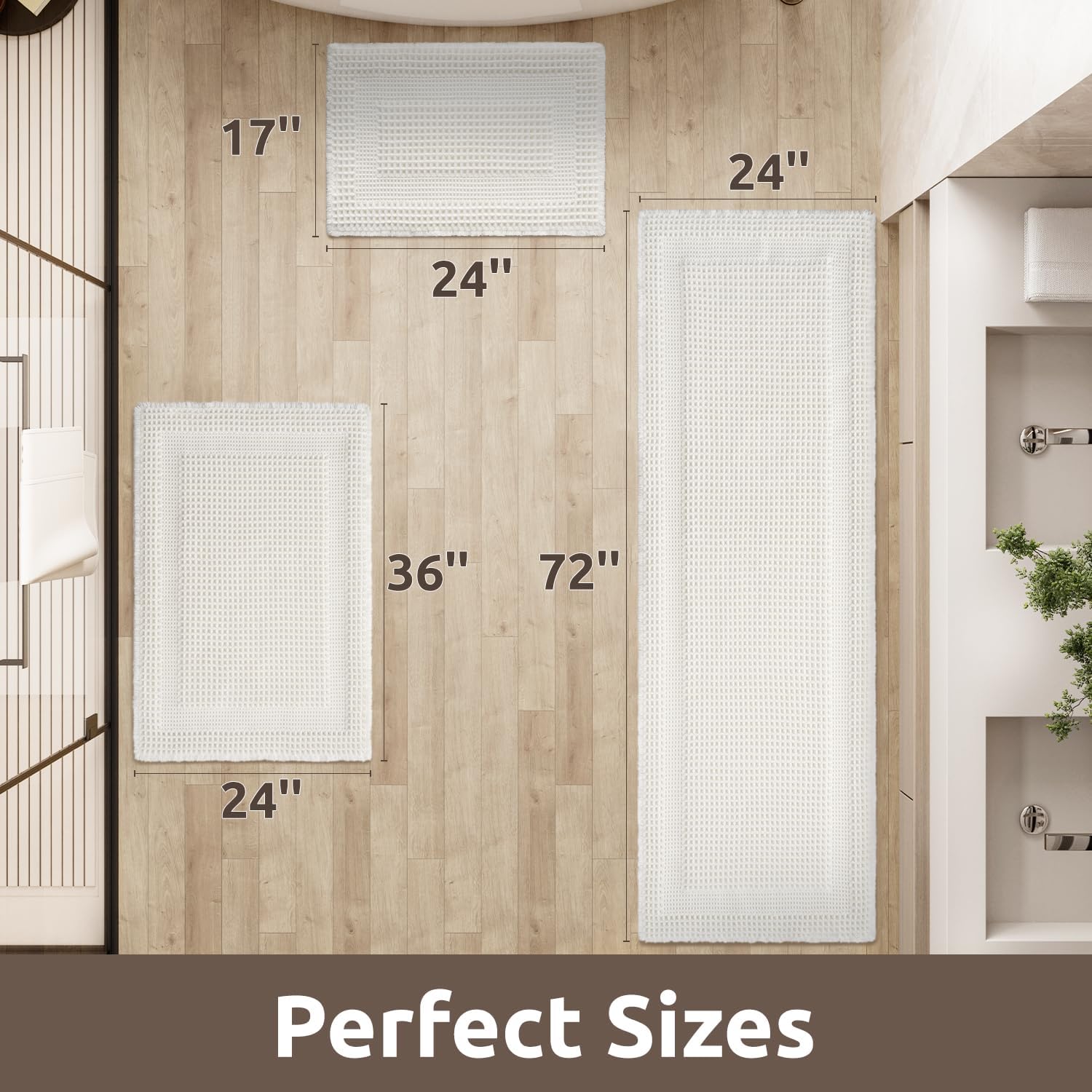 AMOAMI Waffle Bath-Mat, Absorbent Bath Mats for Bathroom Non Slip, Machine Washable Bathroom Rugs with Tassels Ultra Soft Boho Bath Rugs for Floor 2'x6'(24"x72") White