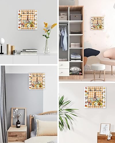 Miniatura 4 de Happy Thanksgiving Wooden Wall Clock Silent Non Ticking, Fall Gnomes Harvest Autumn Orange Plaid Square Wall Clock Battery Operated, Decor Clock for