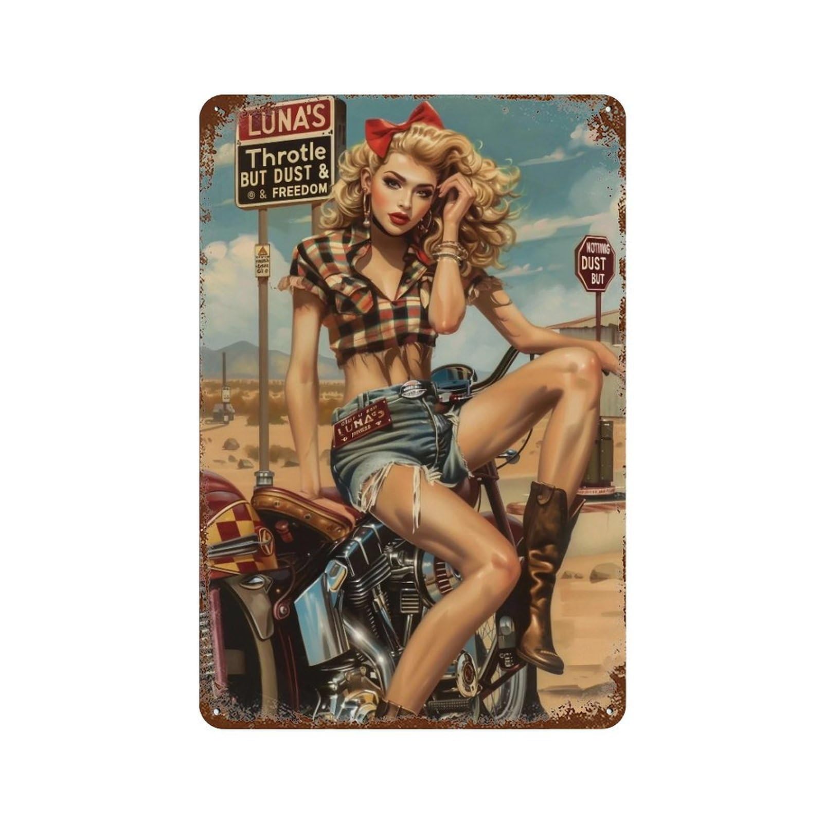 FHUYEURHRY Route 66 Pin Up Cowgirl Motorcycle 04 Wall Decor Retro Iron Vintage Art Metal Tin Sign Poster Modern Home Cofffee Club Art Bar Shop Decorations Style 30x20cm