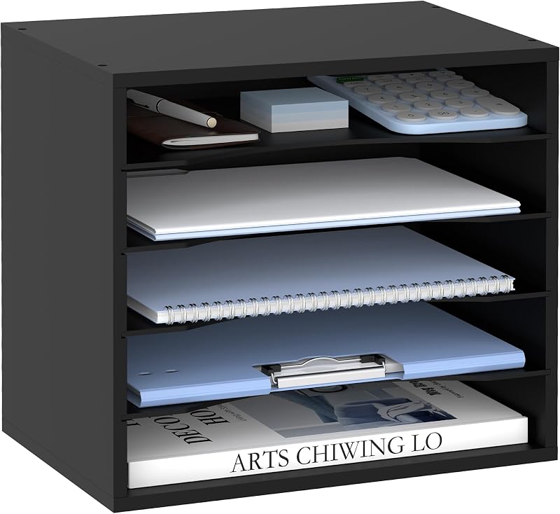 Organizador de escritorio de madera de 5 niveles, clasificador de correo y organizador de papel para escritorio, negro | Organizador de escritorio de madera para clasificar papeles, cartas y correos, organizador de literatura para oficina en casa, organización del aula