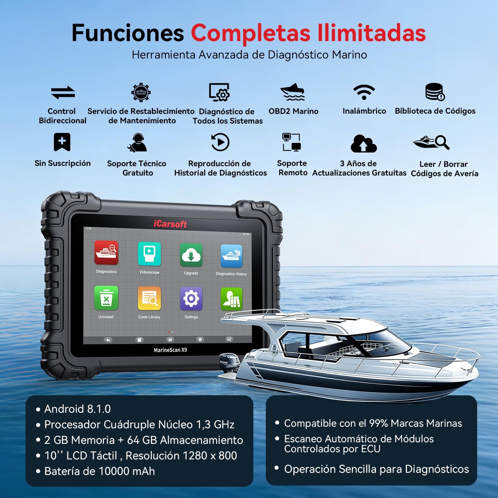 iCarsoft MarineMaster X9 Herramienta de diagnóstico Marina para Barcos, Yates, Motos acuáticas y Motores fueraborda, 40 Funciones de Servicio, Prueba bidireccional, Lector de códigos OBD2 Marino