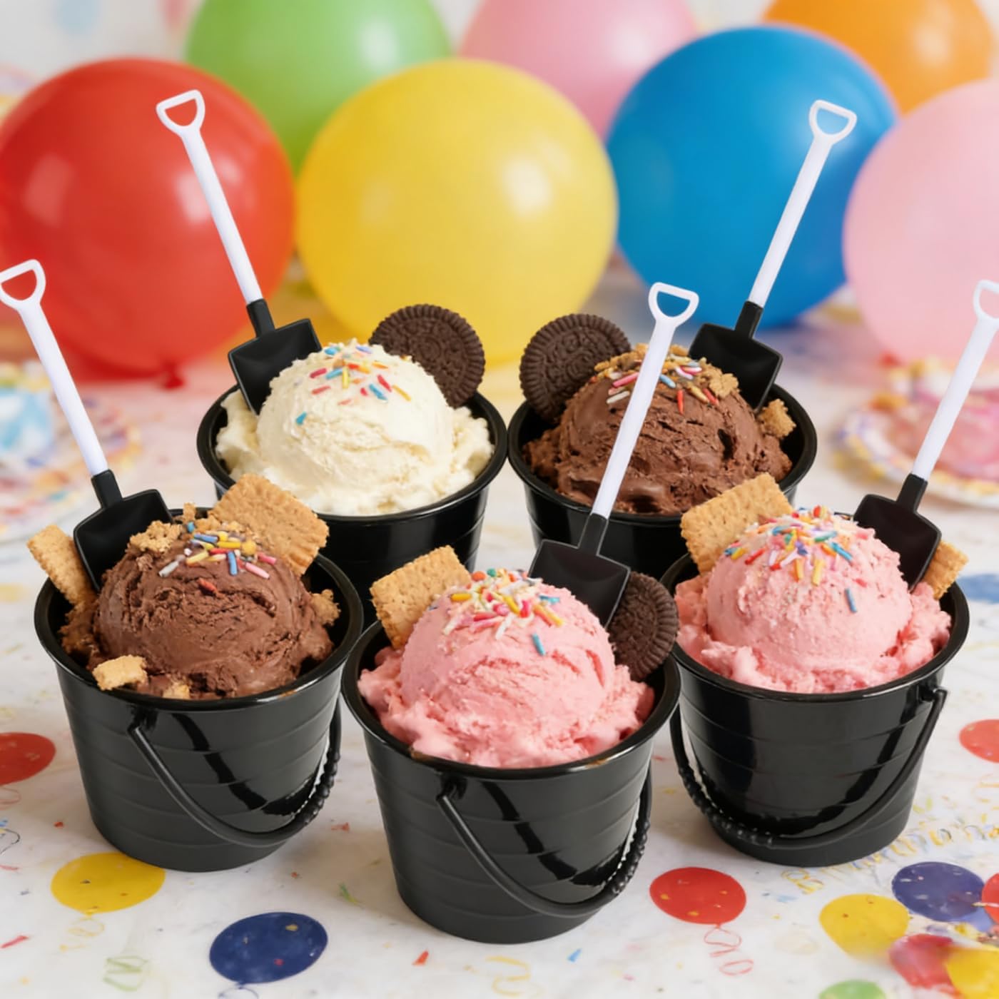 20 Set Plastic Dessert Cups with Shovel Spoons, Reusable 5.7oz Black Bucket Cup for Birthday Party Supplies,Cupcakes and Mousse,DIY Baking(Reusable,5.7oz)