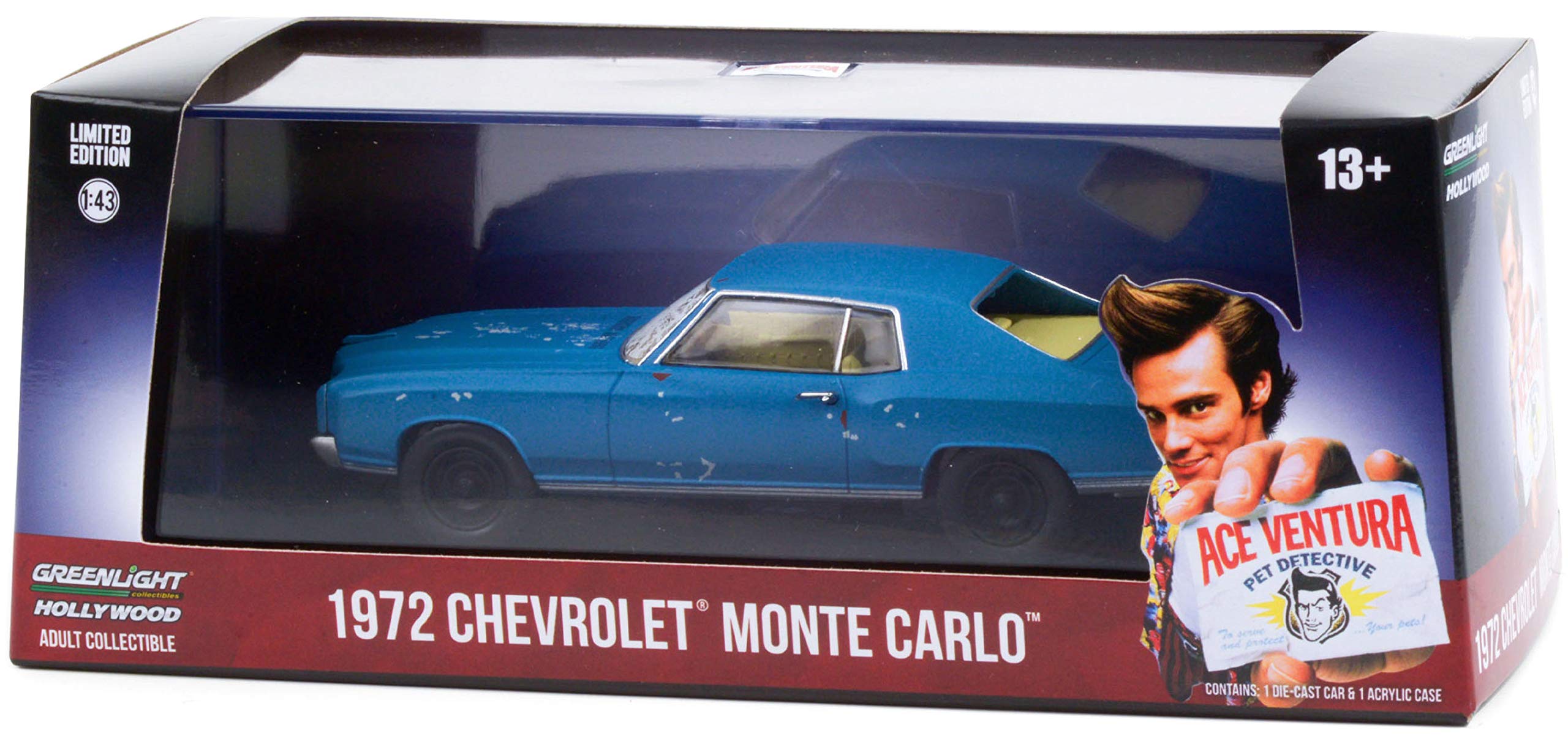 No469ミニカー1/18箱ありCHEVROLET MONTE CARLO 1972 Chevy Monte Carlo Blue (A Beat Up) Ace Ventura: Pet Detective