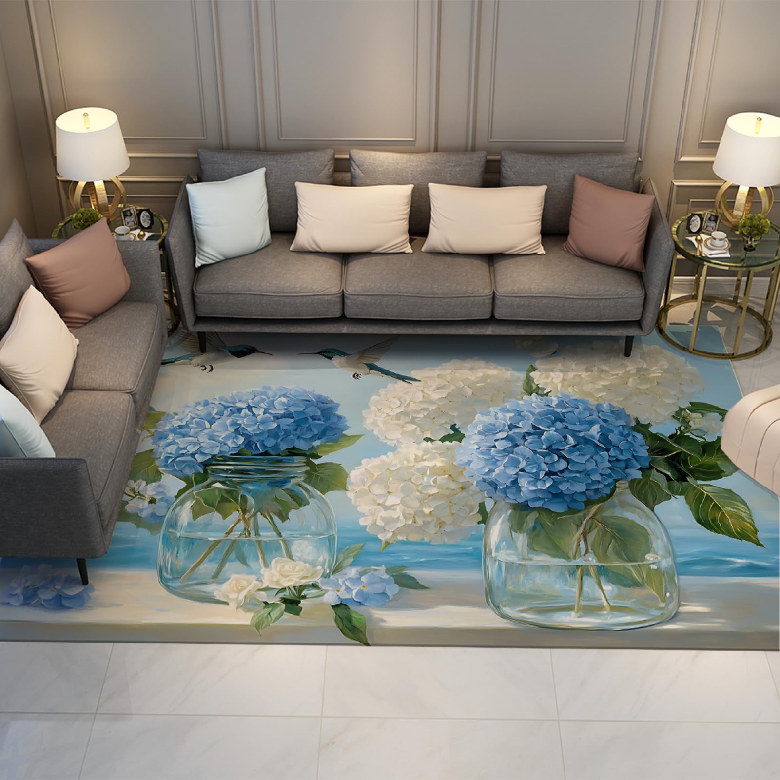 Tapis Bleu & Blanc Hortensias Colibris Mince d'Intérieur 90x120cm