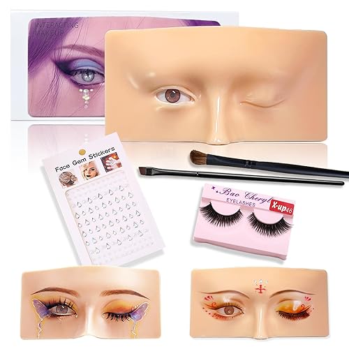 Cara de práctica de maquillaje, tabla de práctica de maquillaje de silicona, cara de maniquí de maquillaje, viene con pestañas, gemas faciales y