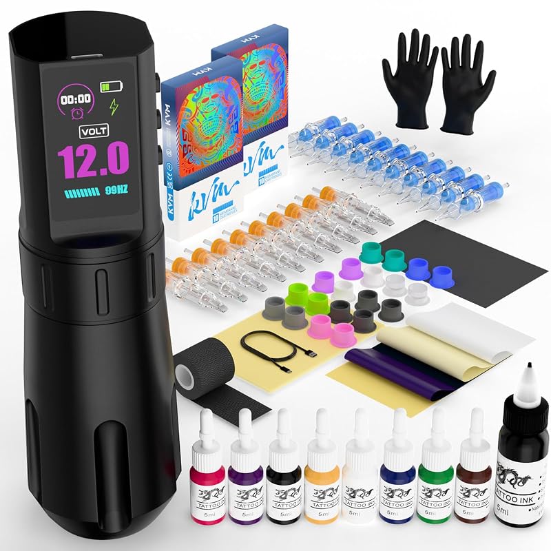 Kit para tatuagem KVM com caneta de liga de alumínio, tela IPS e modos ajustáveis, 225 g