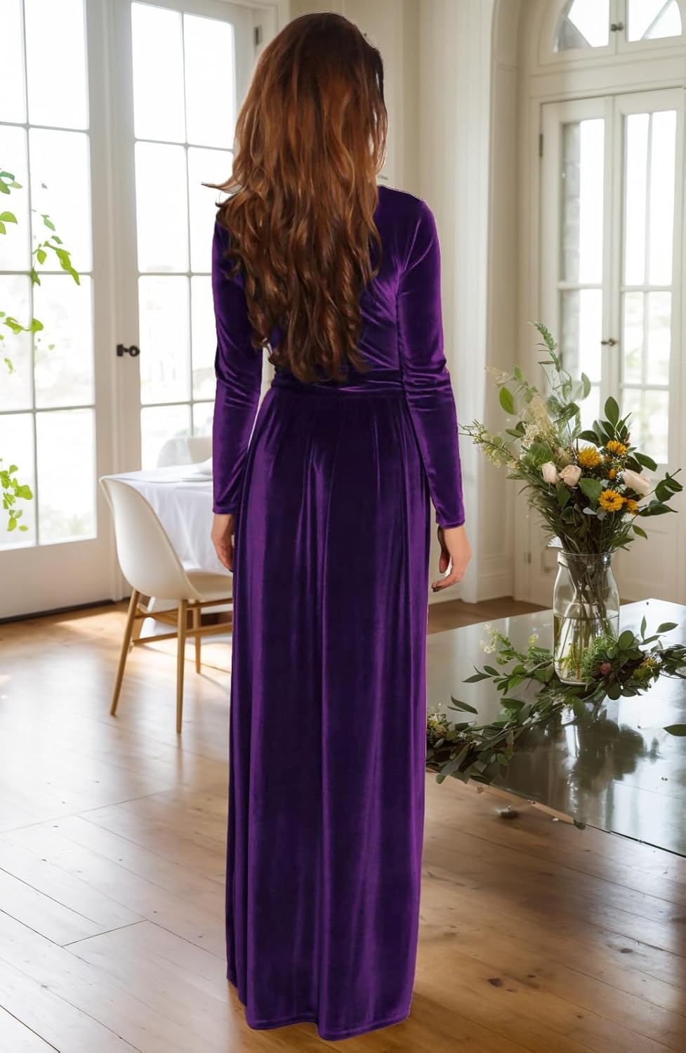 BestGirl Women's Velvet Maxi Dress Crew Neck Long Sleeve High Waist with Belt Cocktail Party Bridesmaid Dresses - Image 2