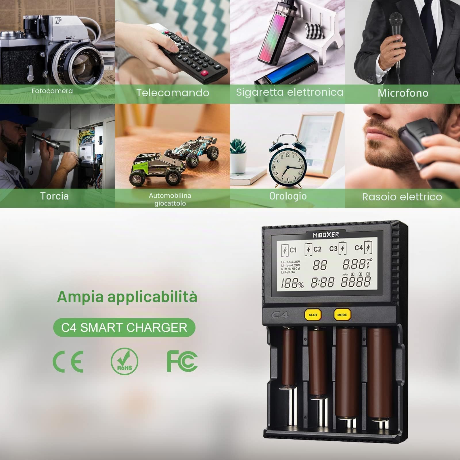 18650 Caricabatterie, Caricabatterie Intelligente Universale con Display LCD per Batterie NI-MH, NI-Cd, AA, AAA, 14500, 18350, 21700, 26650, Li-Ion LiFePO4, RCR123A (4 Slot)