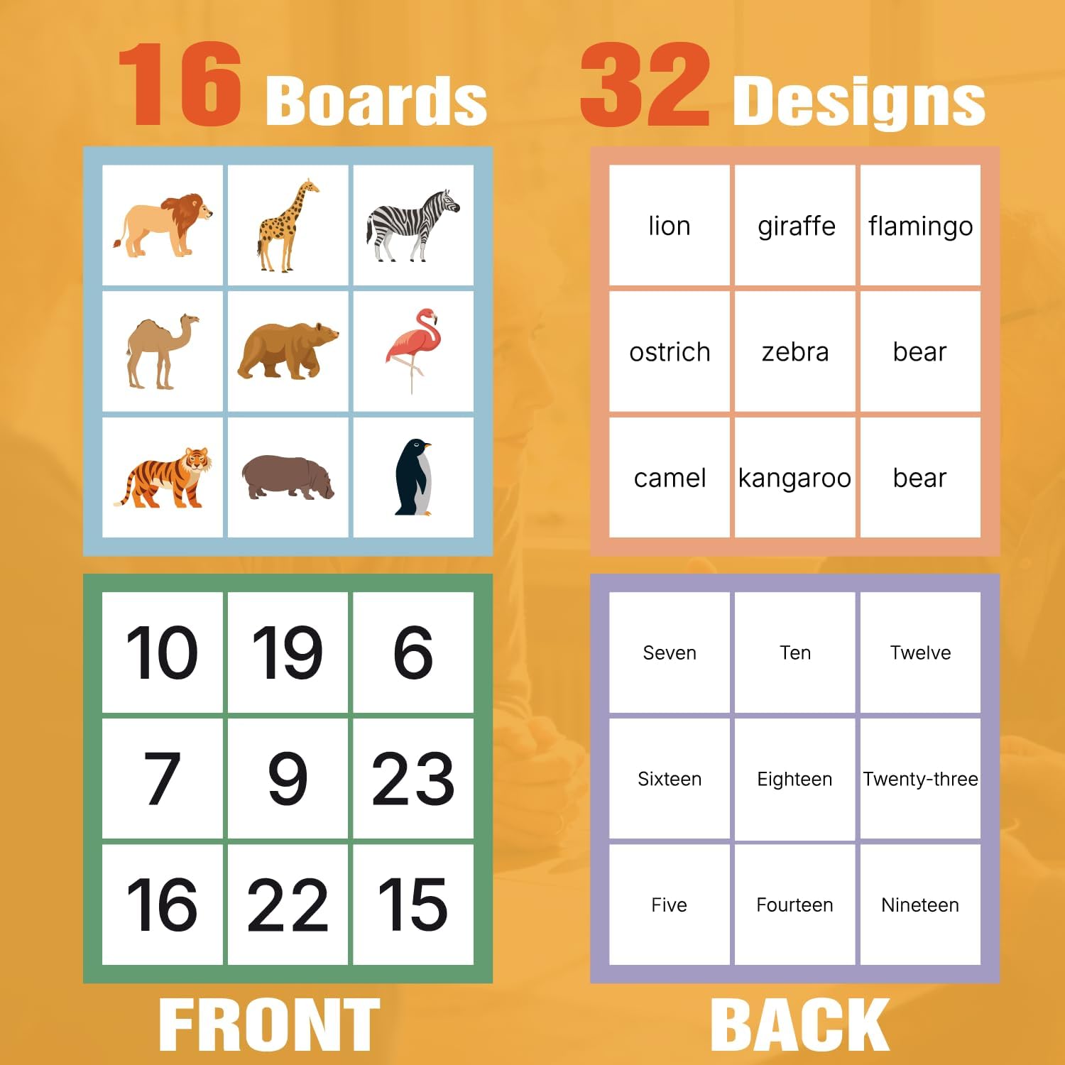 GRANDLMOON Large Print Bingo Game Set for Seniors, Double-Sided Animal and Number Cards, 16 Boards with 32 Designs, 6.3 x 6.3 Inch, Dementia and Alzheimer Activities