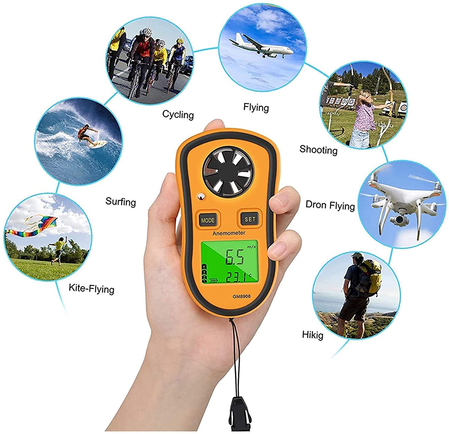 Medidor de Viento Digital, anemómetro Mini Calibre de Temperatura de Velocidad del Viento con termómetro LCD Retroiluminación para el Windsurf Kite Volando navegando