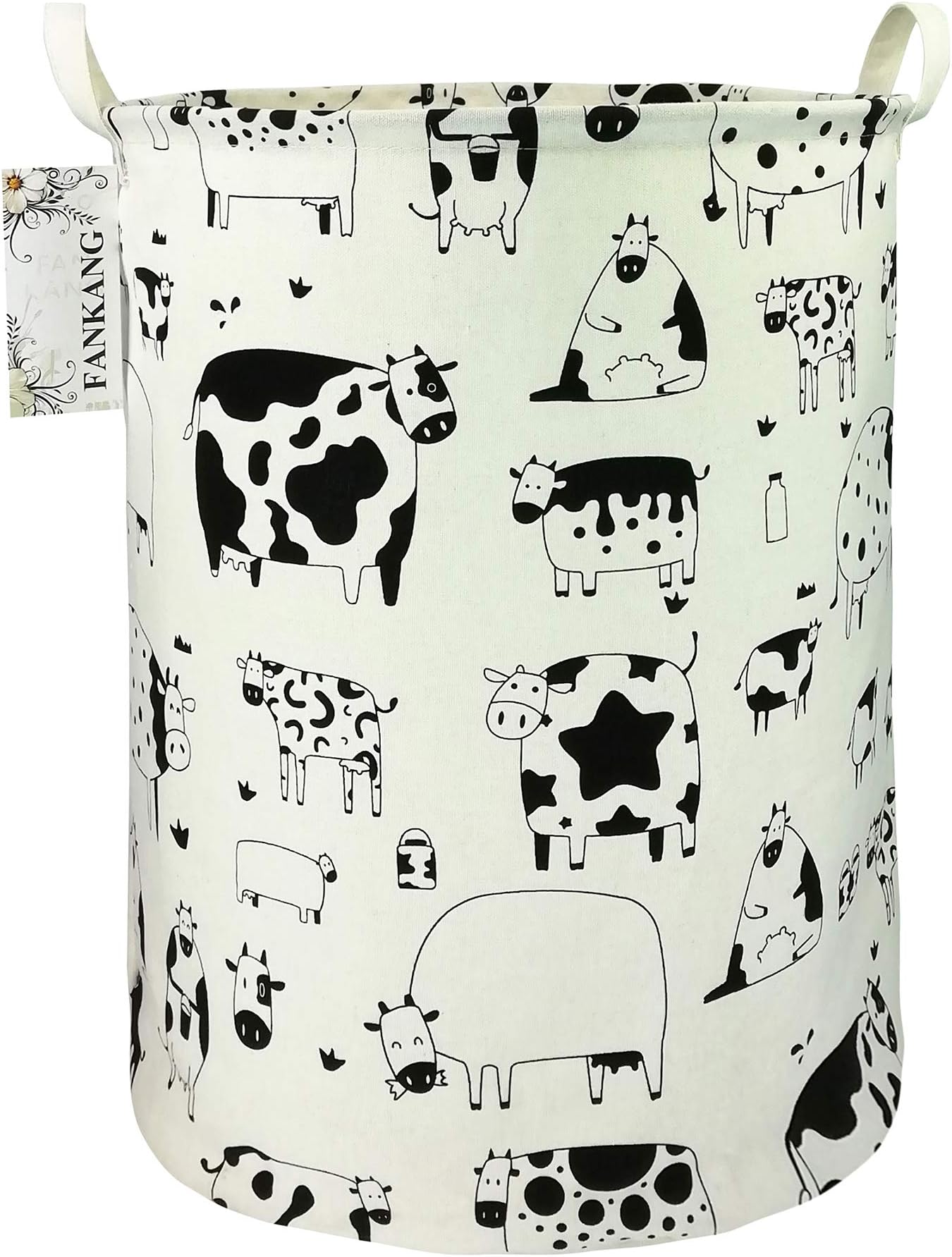 FANKANG Storage Basket, Nursery Hamper Canvas Laundry Basket Foldable with Waterproof PE Coating Large Storage Baskets for Kids Boys and Girls, Office, Bedroom, Clothes,Toys（Cows）