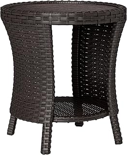 Outsunny 18" Outdoor Wicker Coffee Table, 2-Tier Patio Side Table with Storage, PE Rattan Outdoor Coffee Table with Composite Wood Top, Steel Frame for Garden Backyard Balcony, Mixed Brown