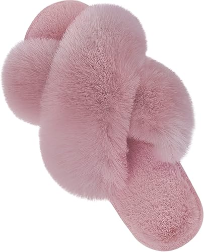 Parlovable Women's Cross Band Slippers Fuzzy Soft House Slippers Plush Furry Warm Cozy Open Toe Fluffy Home Shoes Comfy Indoor Outdoor Slip On