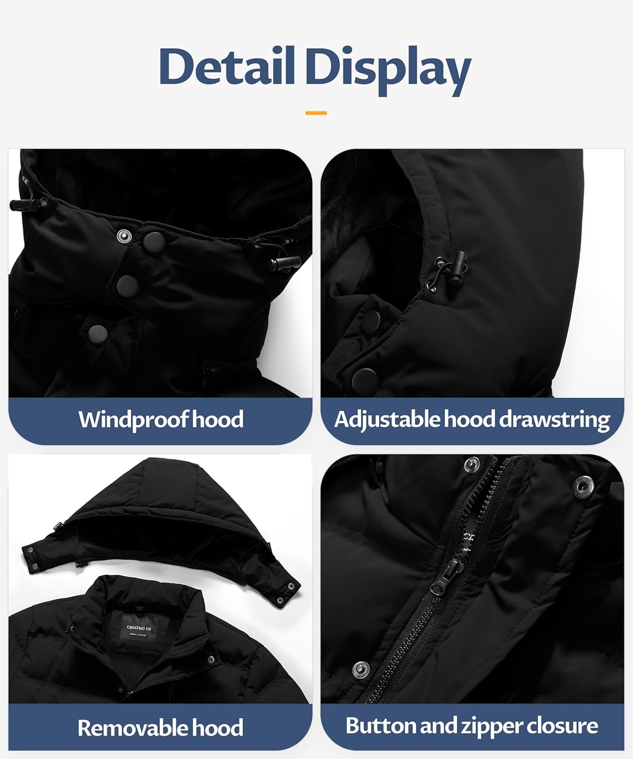 CREATMO US Men's Long Winter Coat Waterproof Thicken Warm Parka Quilted Insulated Puffer Jacket with Removable Hood - Image 6
