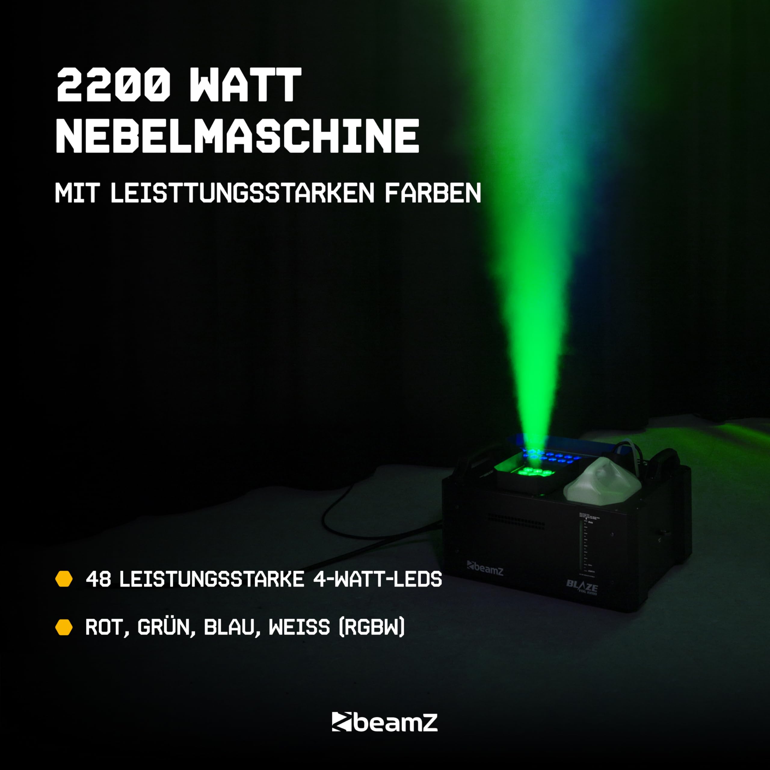 BeamZ Blaze2200 - Nebelmaschine mit Lichteffekt 2200 Watt, inkl. 10L Nebelfluid vertikal und horizontal Rauchmaschine mit 24x4W LED Spots, für professionelle Shows, Halloween, Hochzeiten, DJs, Partys