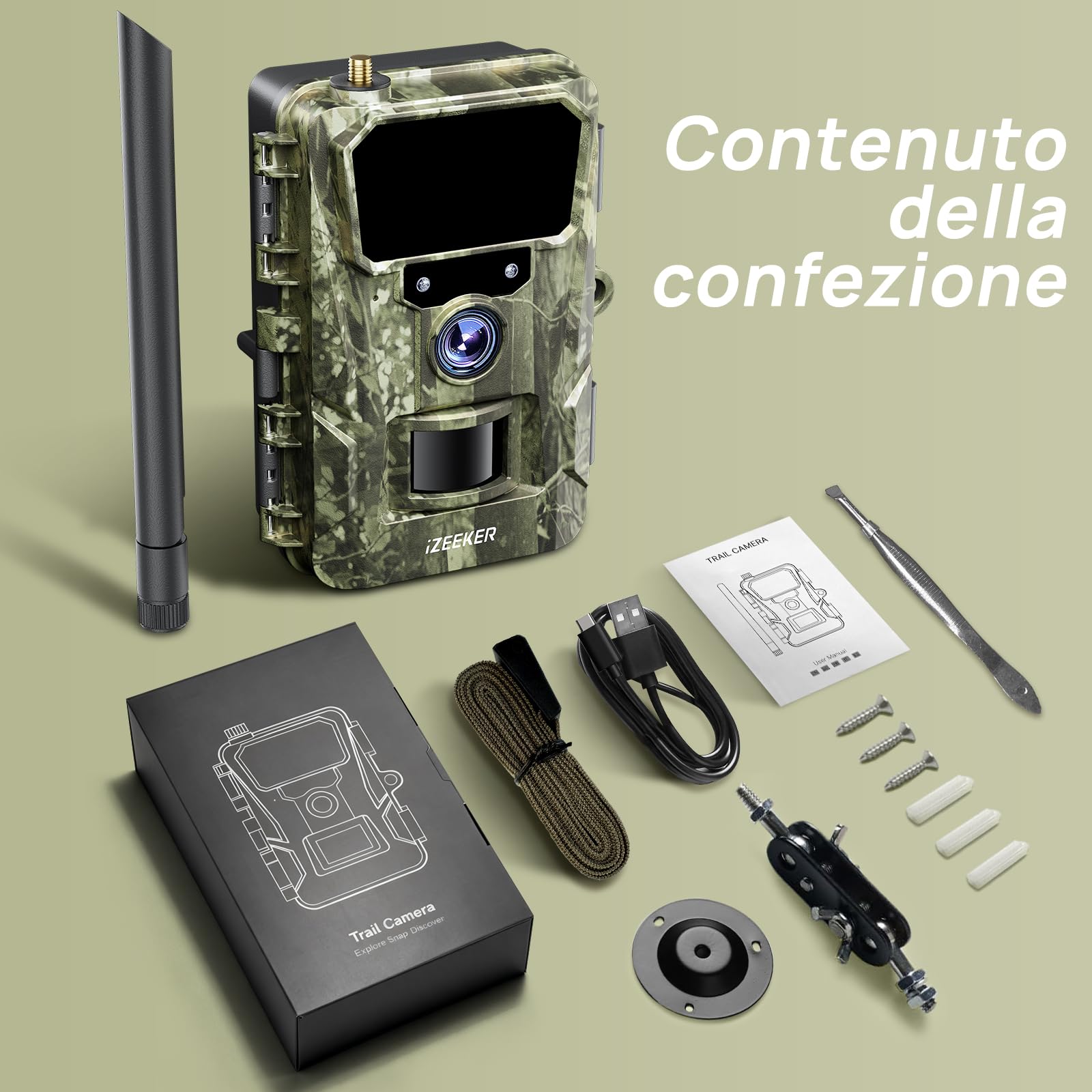 iZEEKER 2 in 1 Fototrappola Cloud 4G & Standard, 2K HD 48MP Fototrappola con Sim Visione Notturna Motion Attivato Senza Wi-Fi Controllo App Time Lapse Registrazione in loop Impermeabile IP66 per Fauna