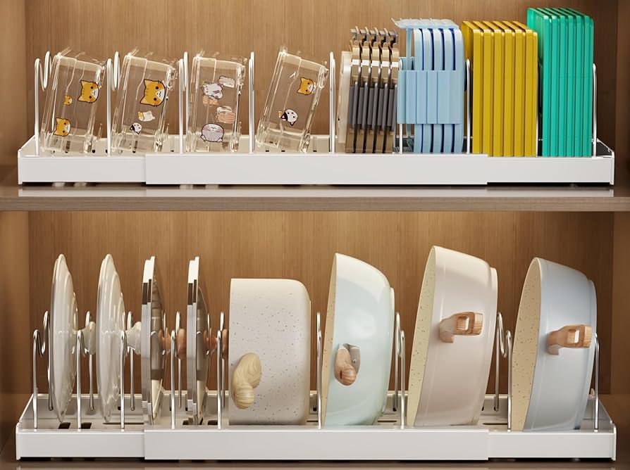 2 Pack Pots and Pans Organizer Under Cabinet, 22" Expandable Food Storage Container Lid Organizers with 9 Adjustable Dividers Pot and Pan Lid Holders Rack Inside Cabinet/Countertop(White)