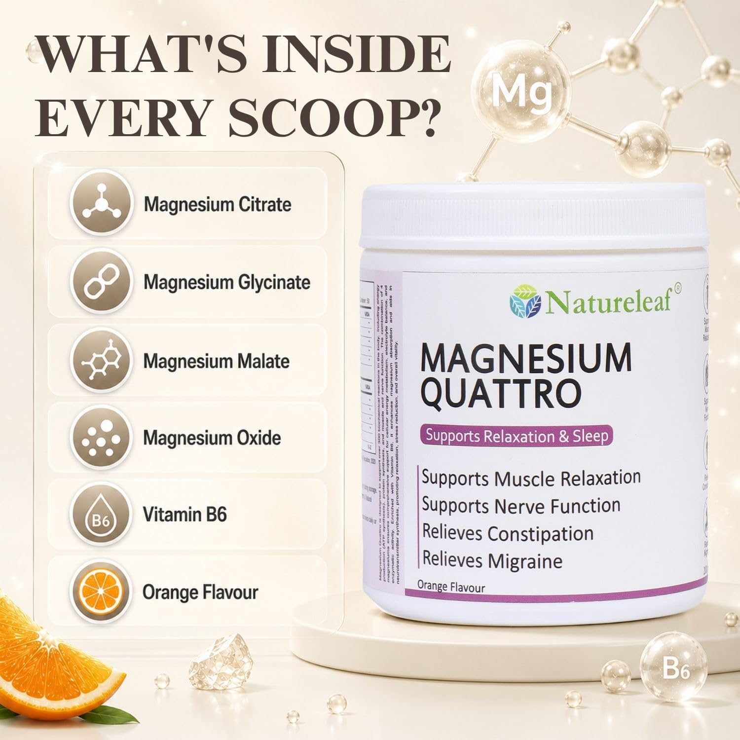 Natureleaf Magnesium Quattro Powder with Vitamin B6 | Magnesium Citrate, Glycinate, Malate & Oxide Blend | Supports Muscle Relaxation, Sleep, Nerve Function & Bone Health | Orange Flavour | 250g 1