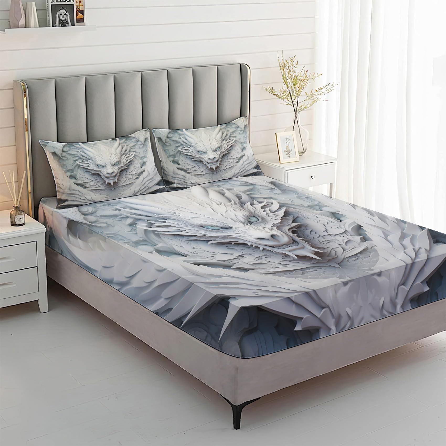 Zvynqour Dragon Fantasy Sheet Set - Deep Pocket Fitted Sheets & Flat Sheet & Pillowcases, 4 Piece Japanese Asian Bedding & Decor, Microfiber