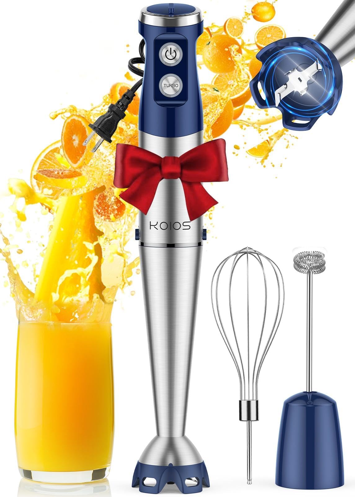 KOIOS Immersion Blender, 1000W Anti-scratch 3-in-1 Hand Blender, Upgraded 12 Speed Stainless Steel Blade Stick Blender with Turbo Mode, Whisk and Milk Frother, Non-BPA, Blue